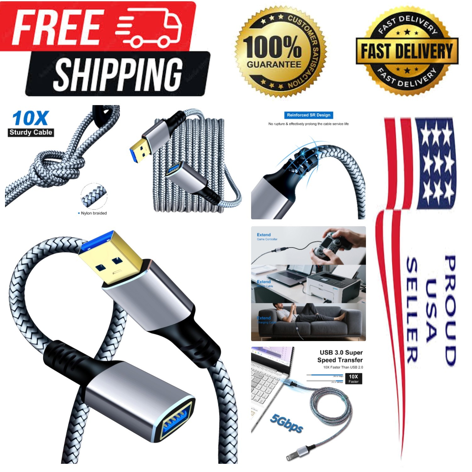 Versatile 20ft Braided USB Extension Cable for Laptop, PS4, Xbox and More