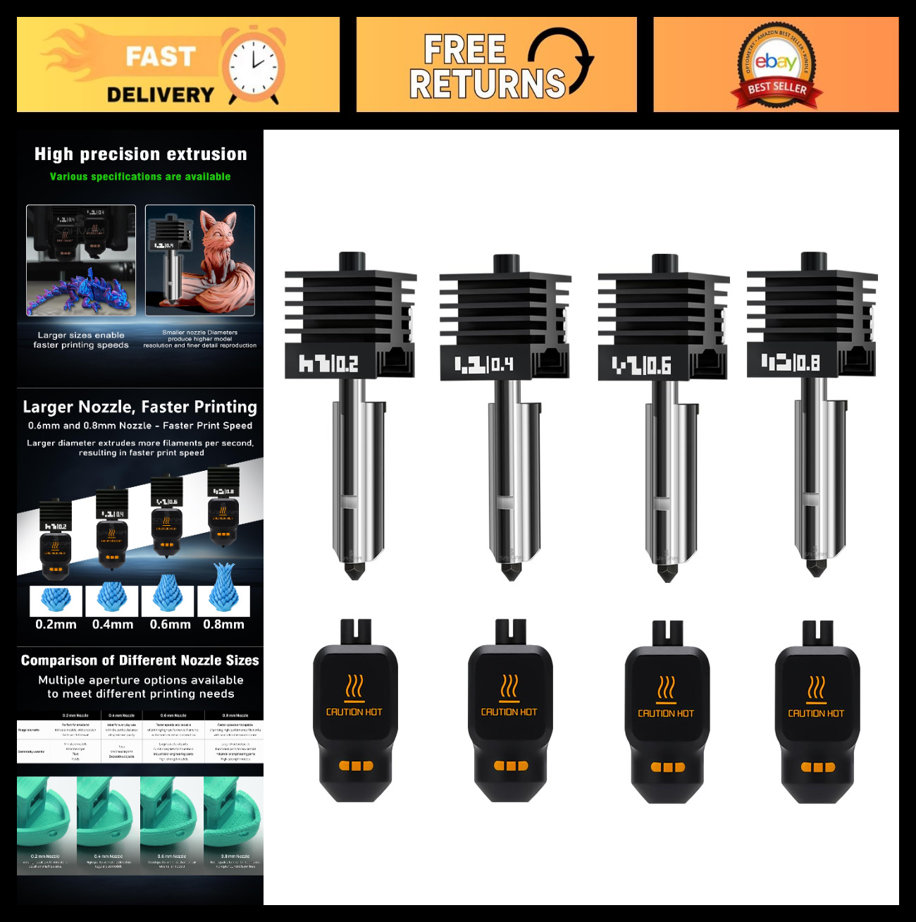 4-Pack 0.2/0.4/0.6/0.8MM Hotend Nozzle Set for 3D Printers - High Temp Hardened