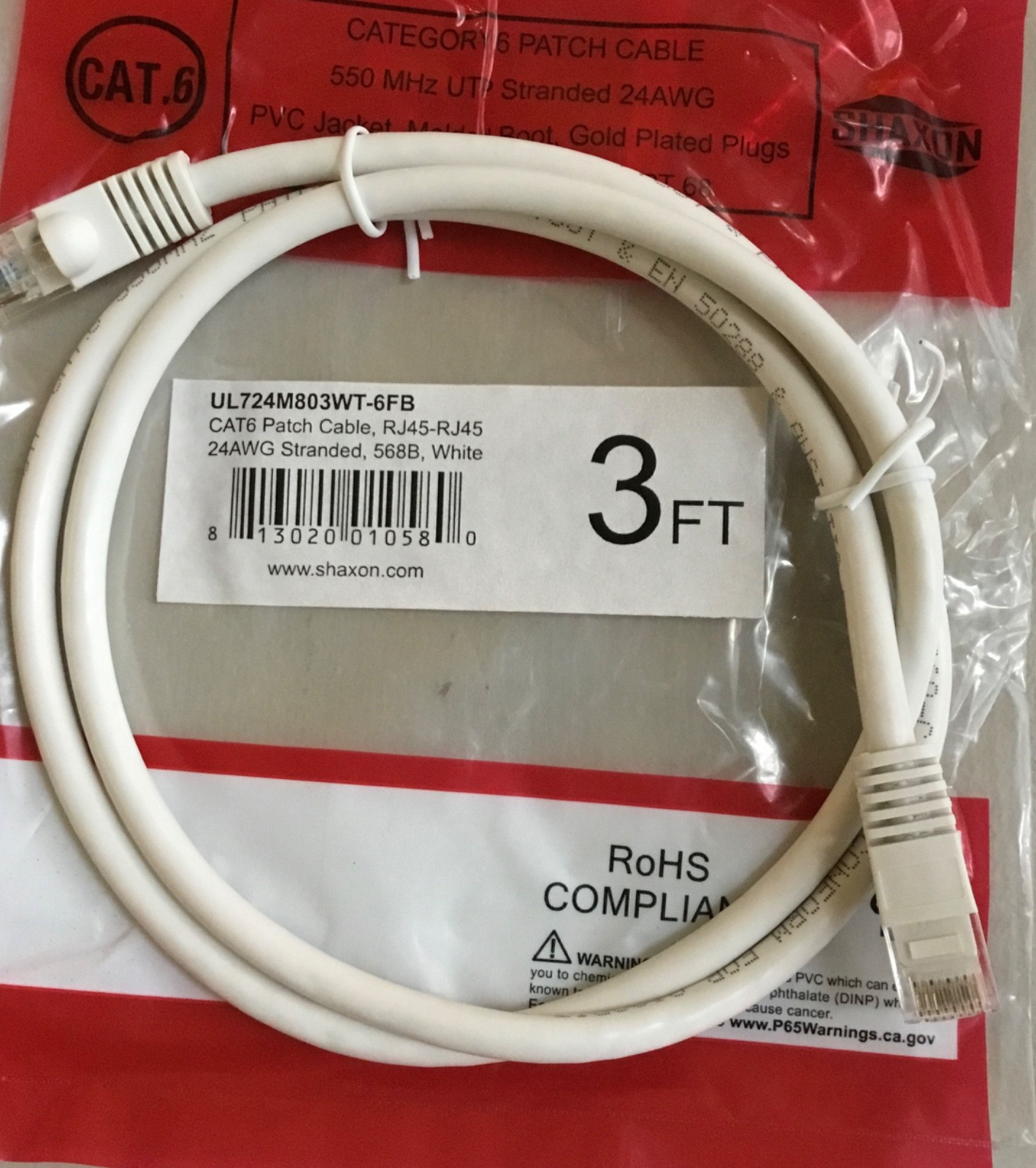 LOT OF TEN Cat6 RJ45 Network LAN Patch Cable 3’ UTP Copper Wire Gold 24AWG White