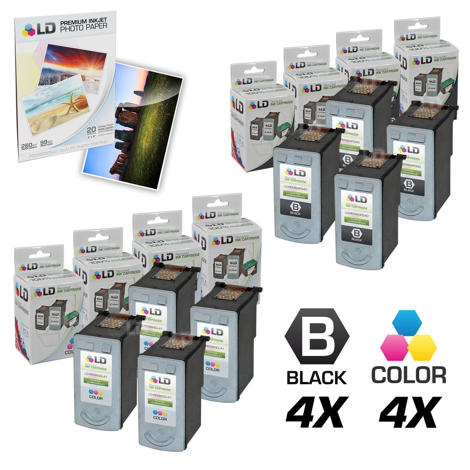 LD Reman Canon Combo Set - 4 Black #PG-40 and 4 Color #CL-41