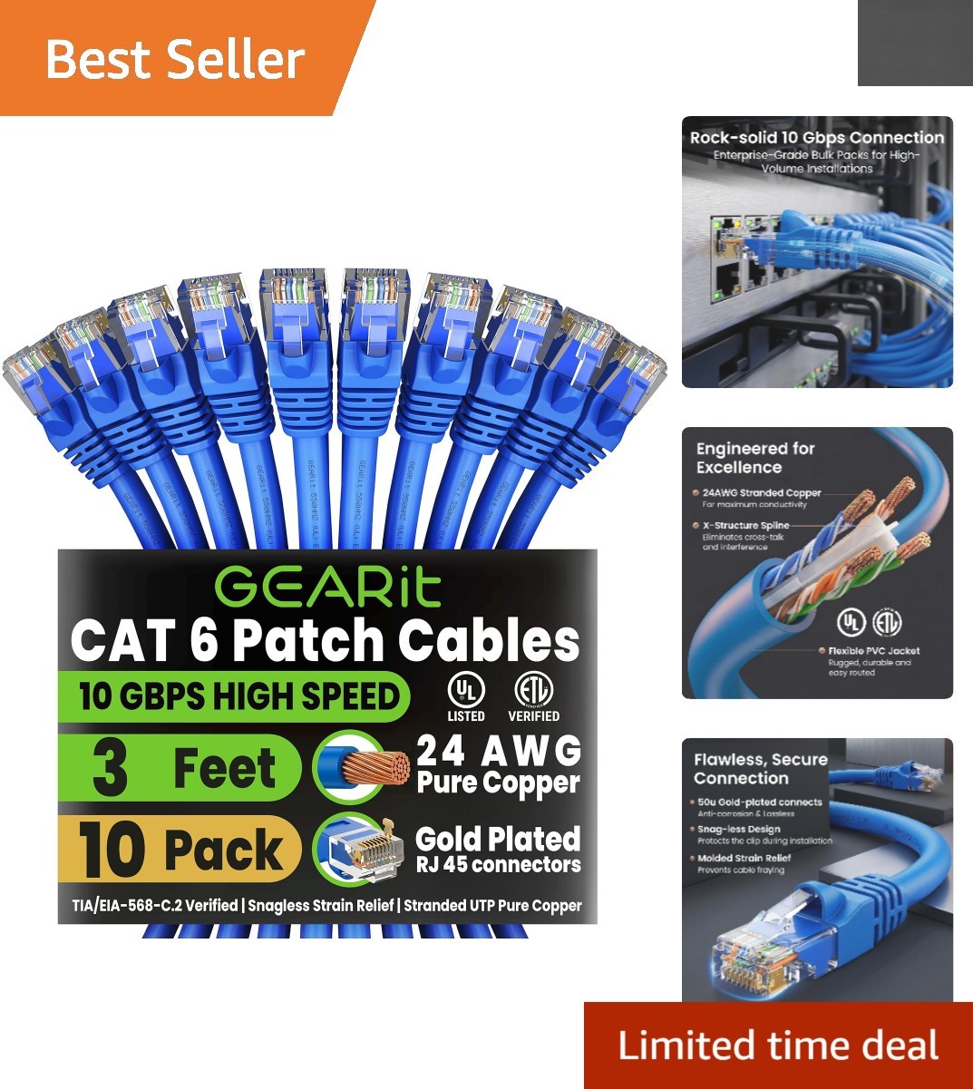 10-Pack Cat 6 Patch Cables 3ft Blue - 10Gbps Gold-Plated Snagless Connectivity