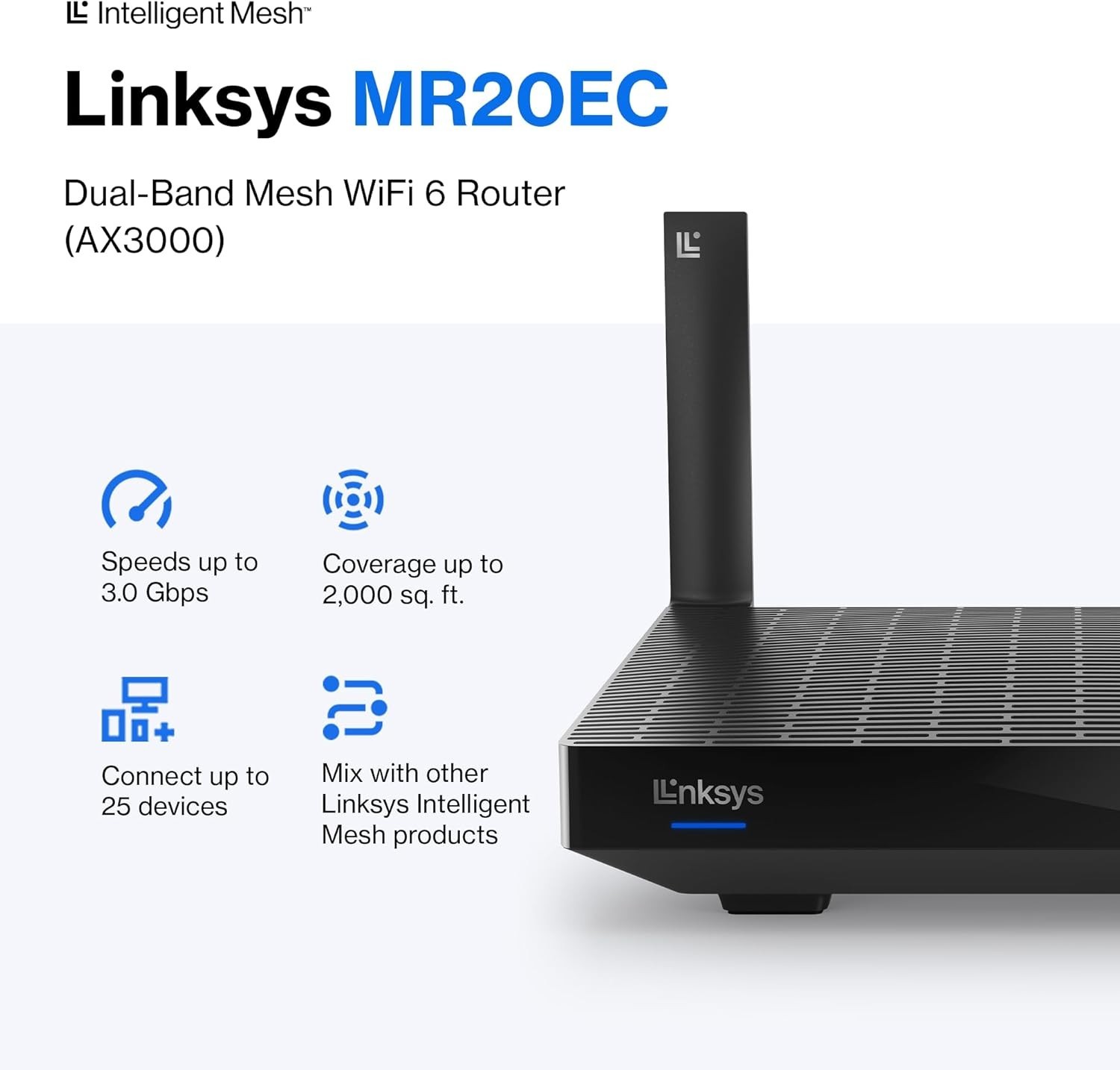Linksys Hydra 6 MR20EC AX3000 Dual-Band Mesh WiFi 6 Router Black w/ Power Cord