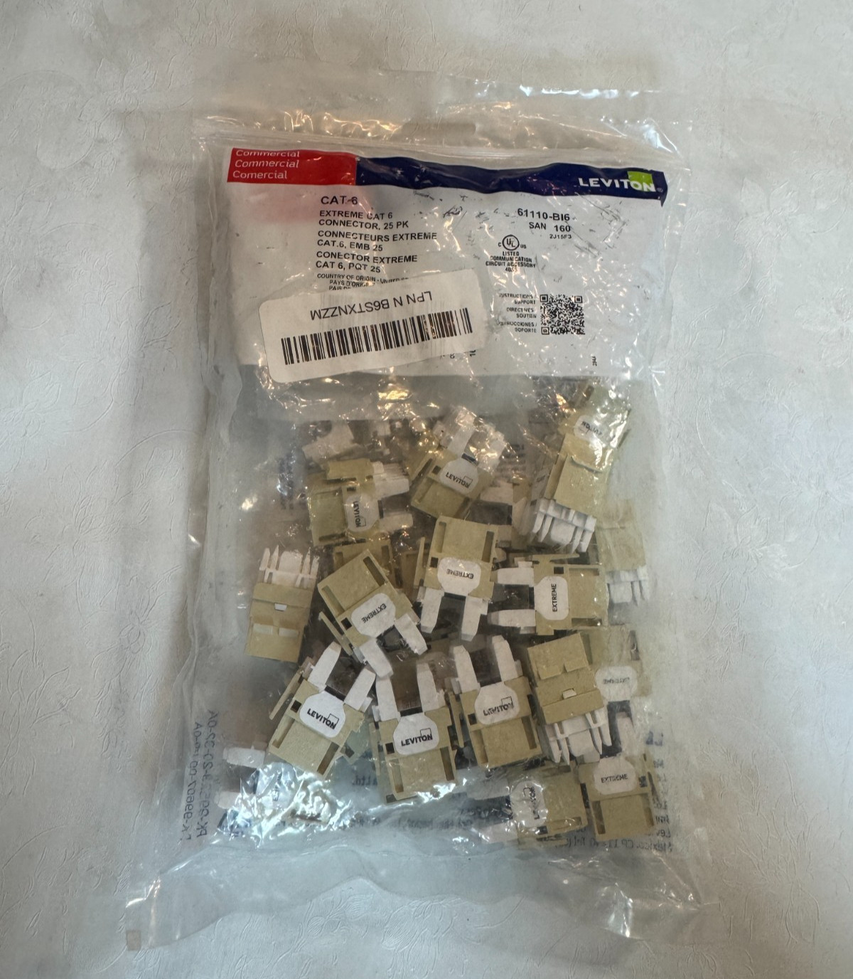 Leviton Extreme 6+ QuickPort Connector, CAT 6, 25-Pack, 61110-BI6, Ivory