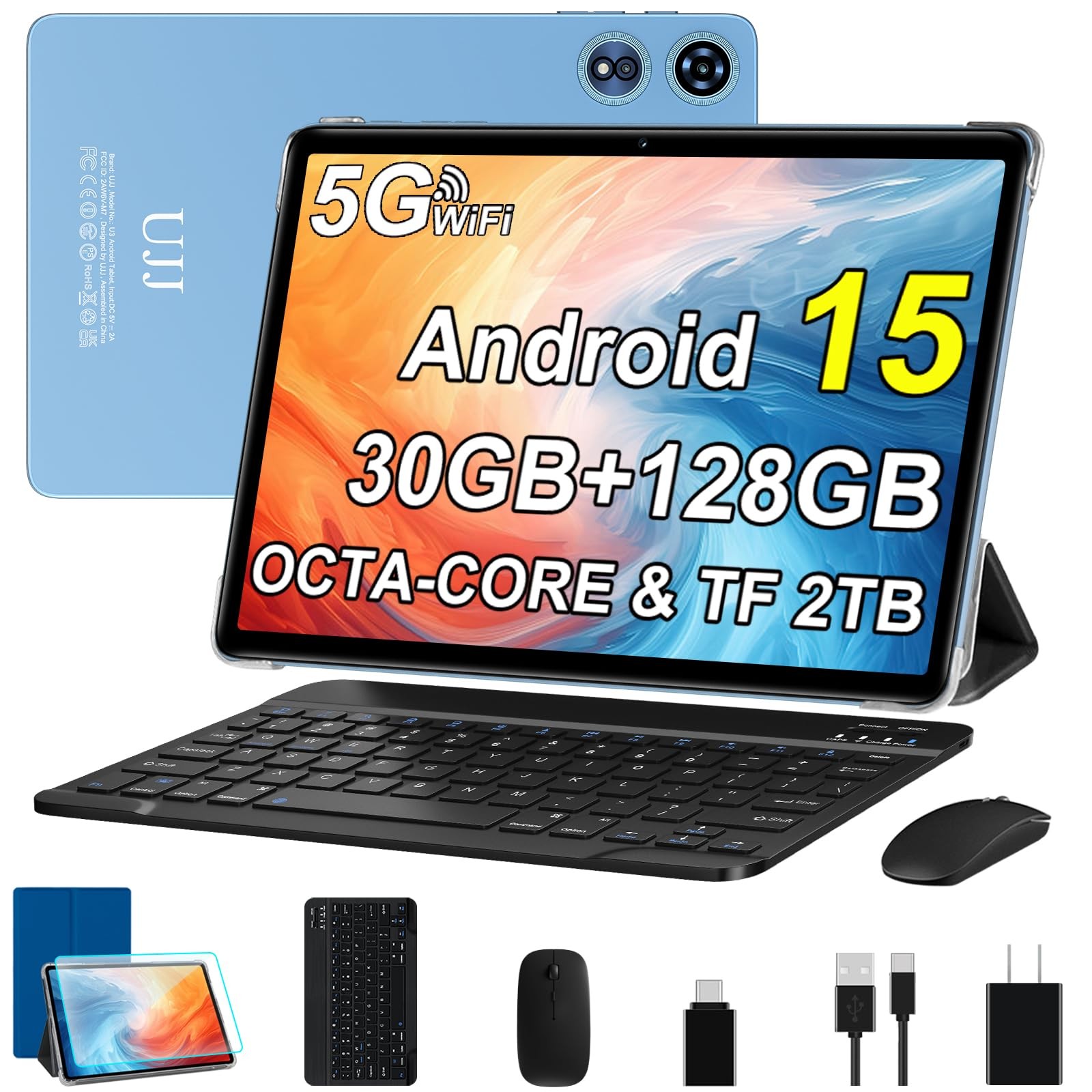 UJJ 2026 10" Android 15 Tablet 128GB 2TB Expand Keyboard Metal Blue