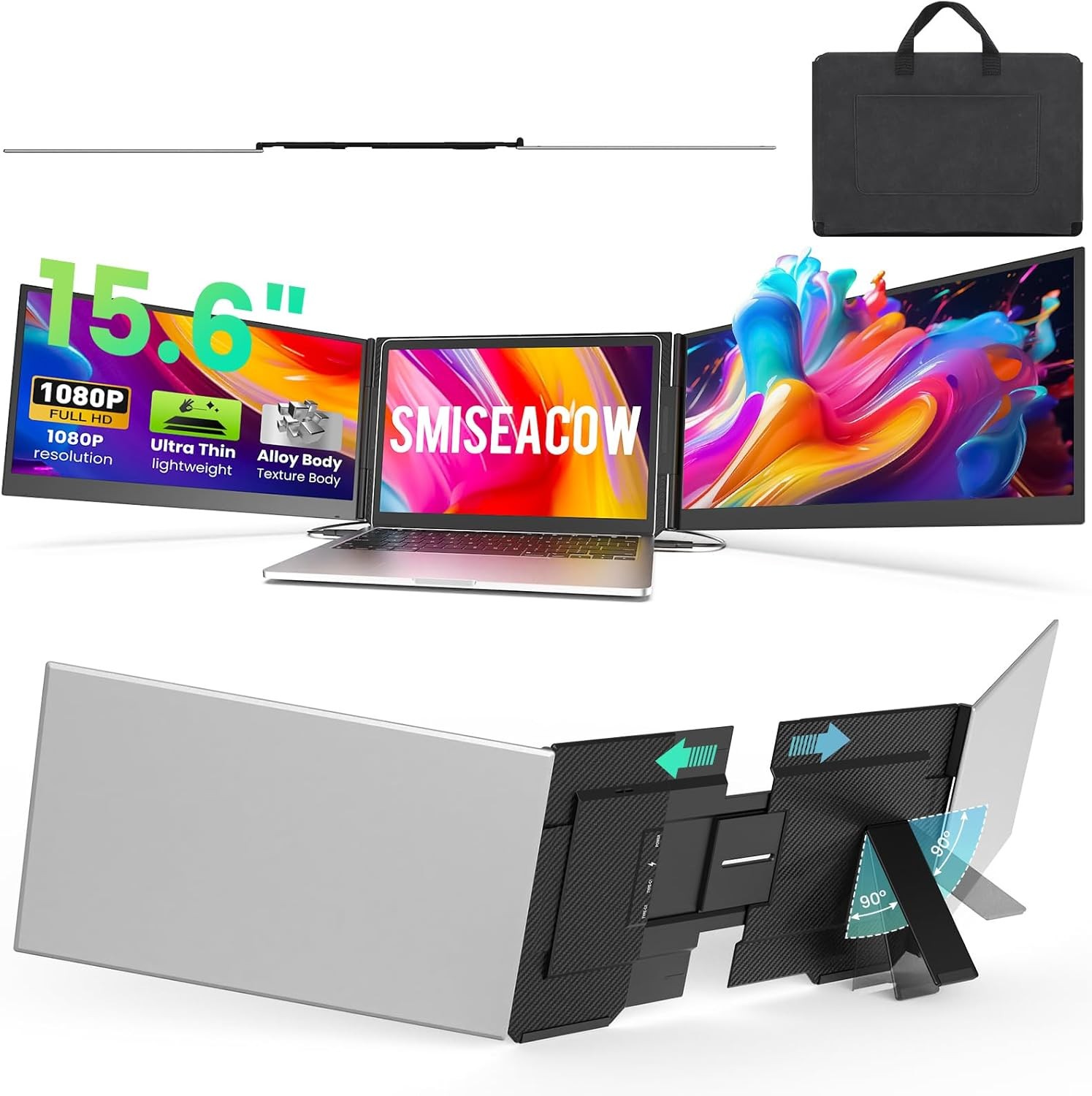 SMISEACOW Triple Laptop Screen Extender 15.6", 1080P FHD IPS 0.18" Ultra-Slim &