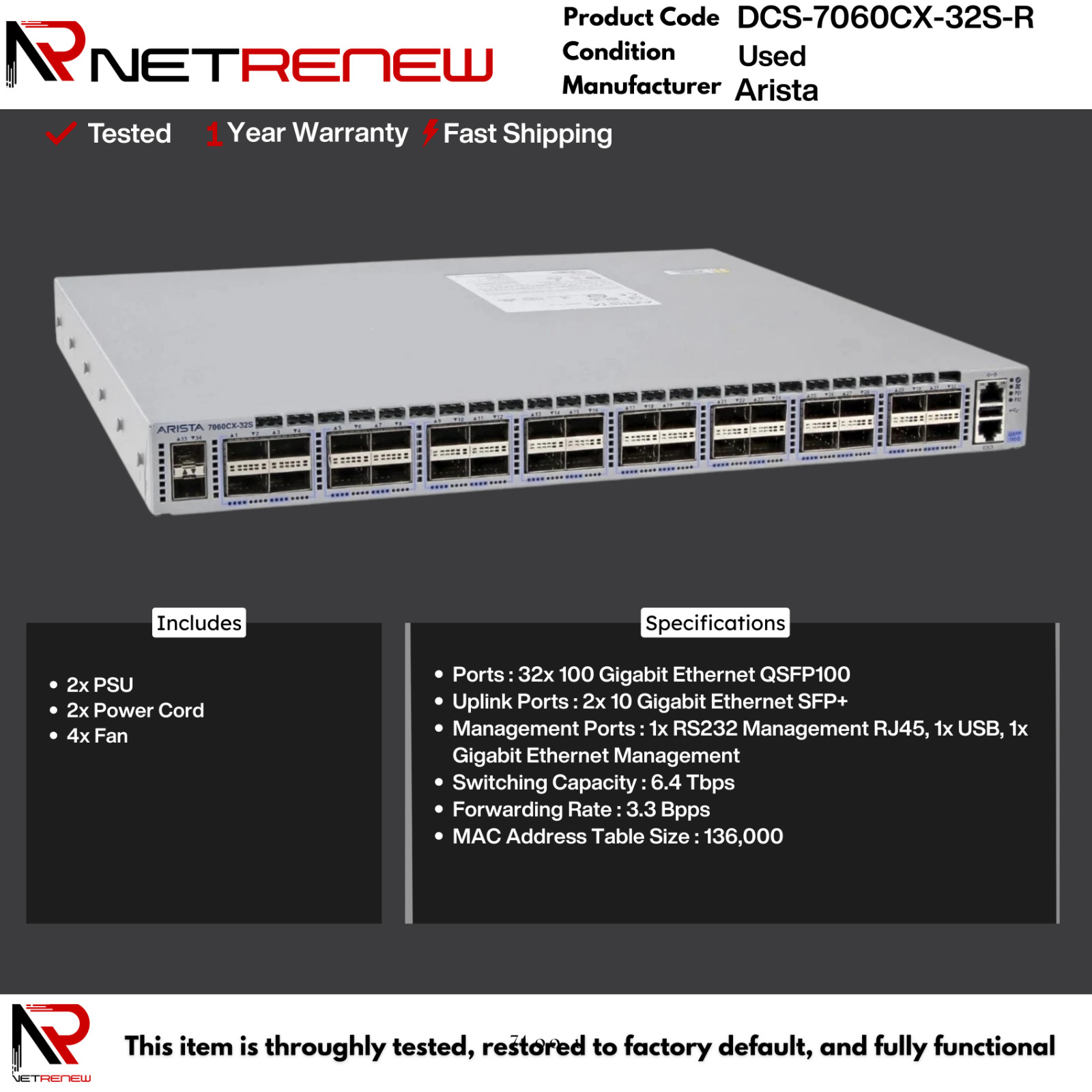 Arista DCS-7060CX-32S-R   Switch  32-Port 100GbE QSFP28 - 2x SFP+