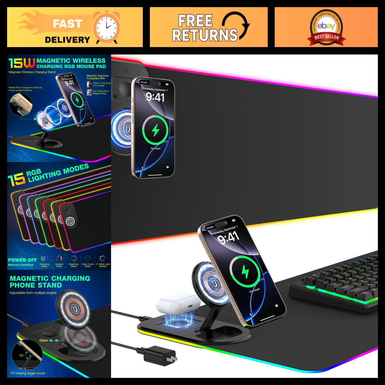Large RGB Gaming Mouse Pad with Wireless Charging & Foldable Phone Stand, 15 Lig