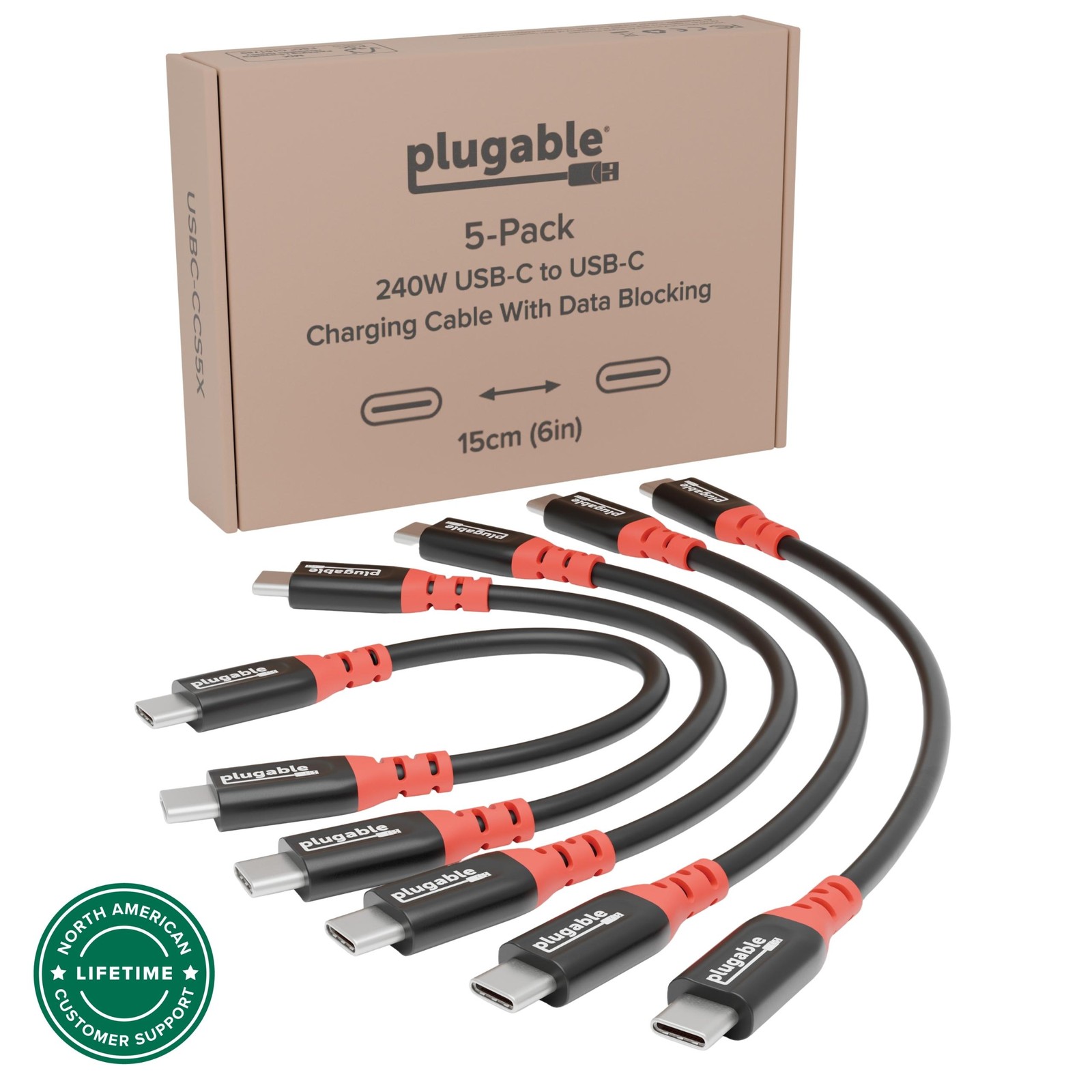 Plugable USB-C Cables, Data Blocker Charge Only, 240W (6 inch, Pack of 5)