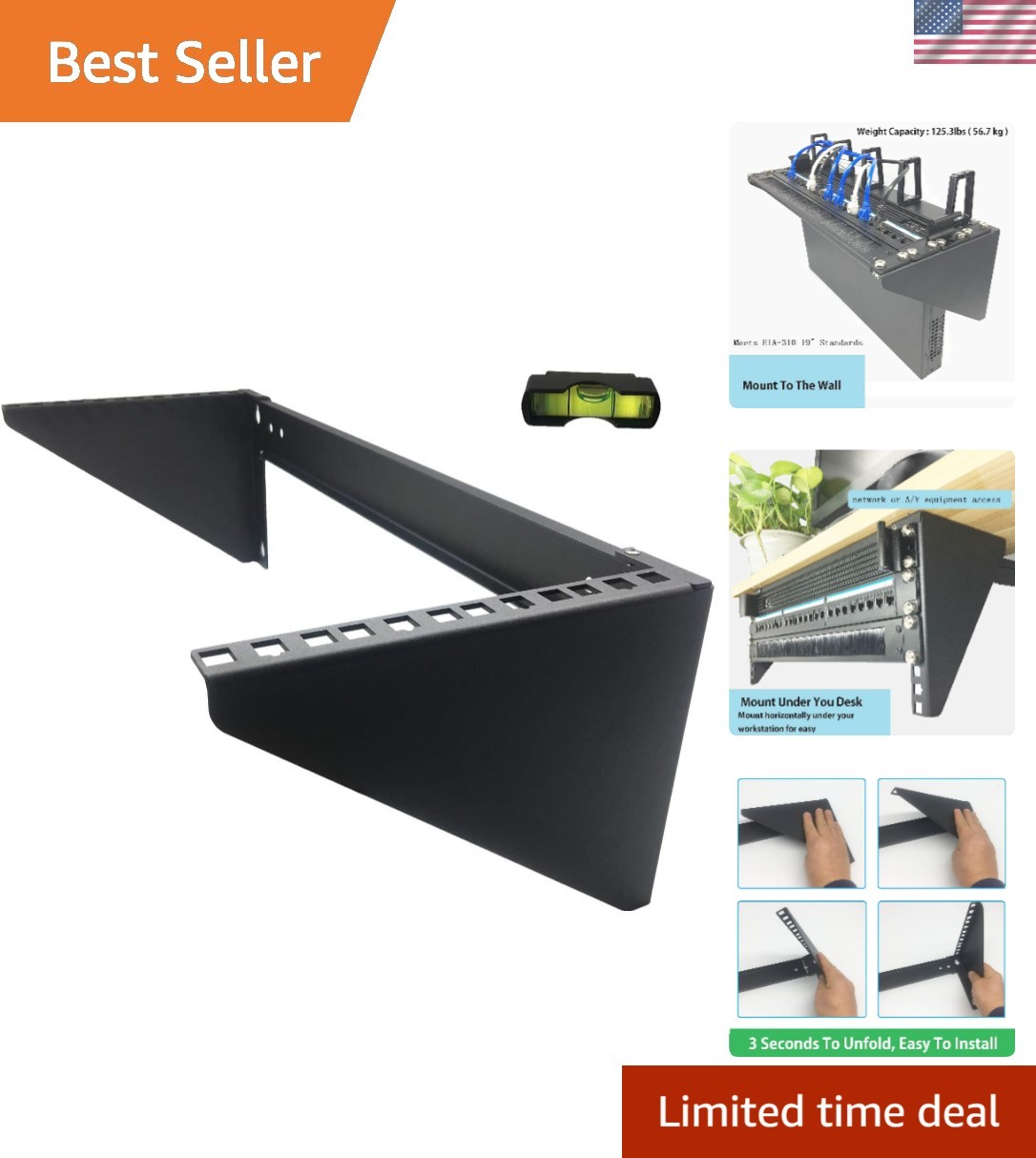 4U19 Inch Vertical Wall Mount Patch Panel Bracket and Heavy Duty 125 lbs Capa...