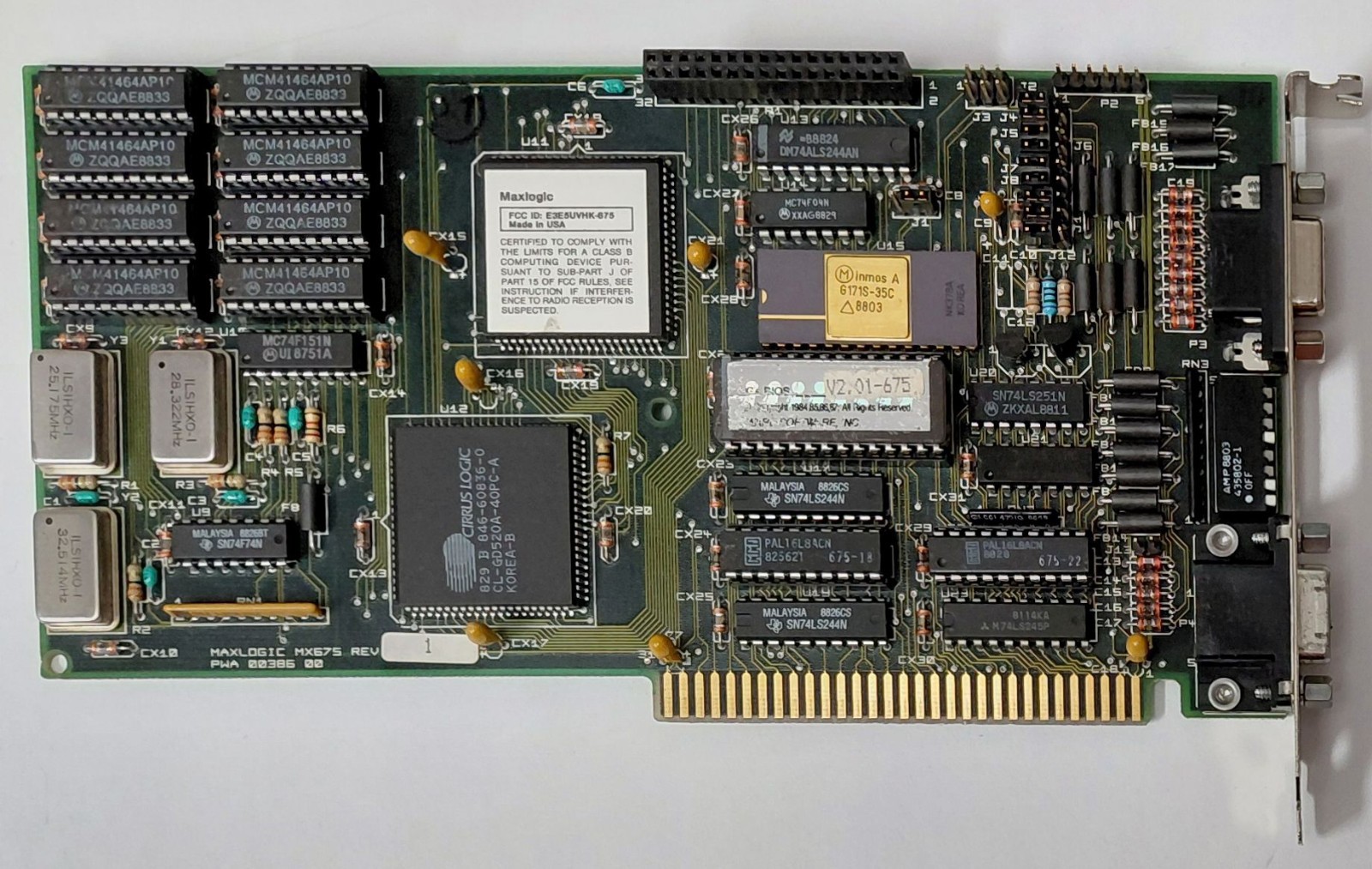 Maxlogic MX675 8-bit ISA Graphics Card (256KB, VGA, EGA, Retro, 1988)