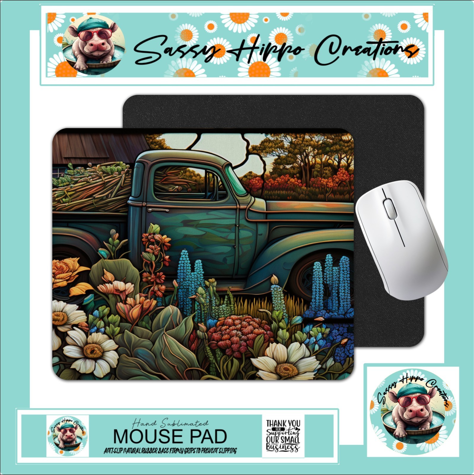 Mouse Pad Rustic Old Truck Colorful Flowers Farmhouse Anti Slip Easy Clean