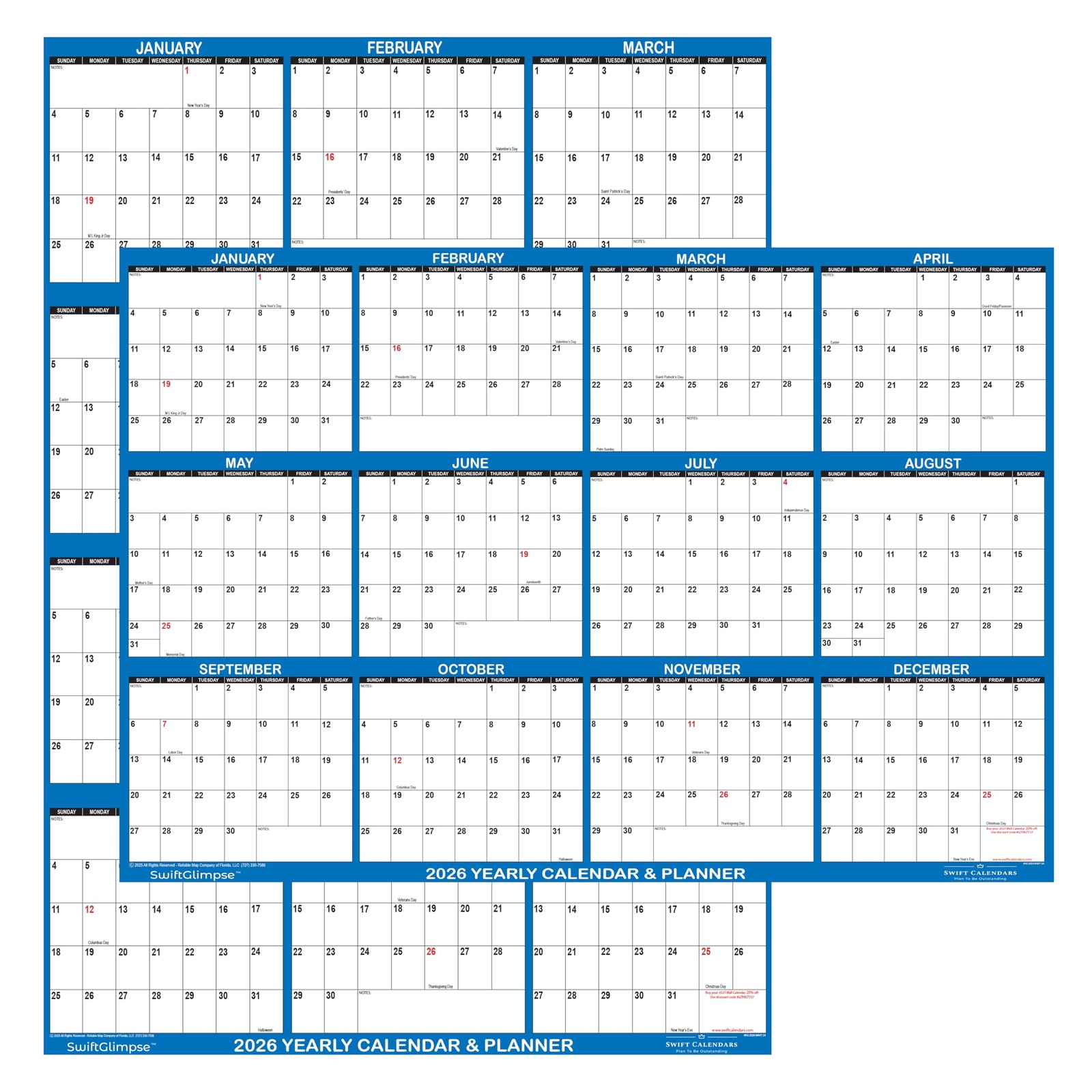 Wall Calendar 24 x 36 Erasable Wet Dry Erase Laminated Navy SwiftGlimpse 2026