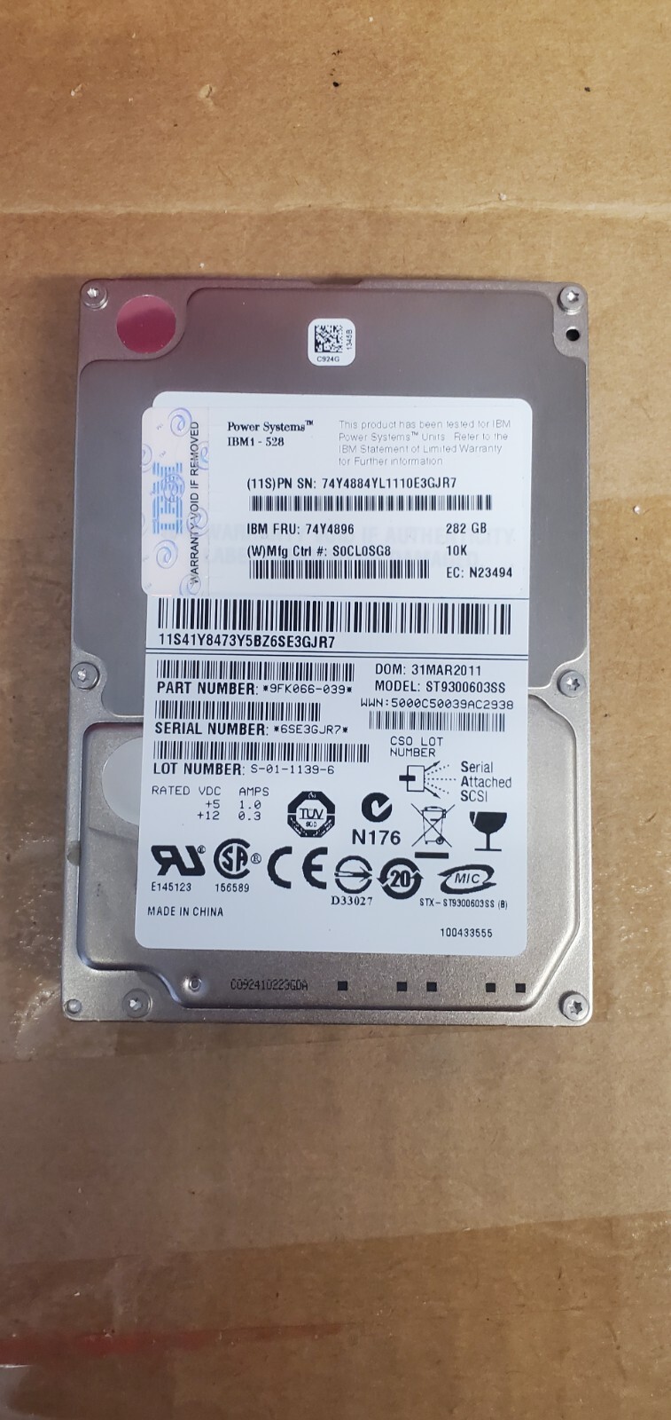 IBM 1911 -  74Y4896 283GB 10K RPM SFF SAS Hard Drive 74Y4884