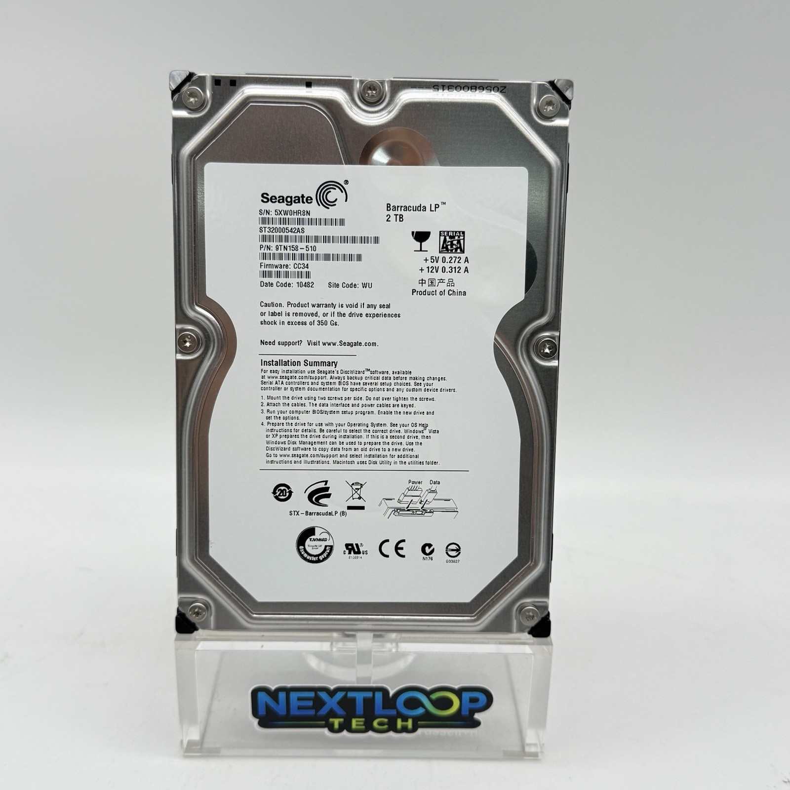 Seagate ST32000542AS 2TB 3.5" 5900 RPM 32MB SATA Hard Drive P/N: 9TN158-510 -J16