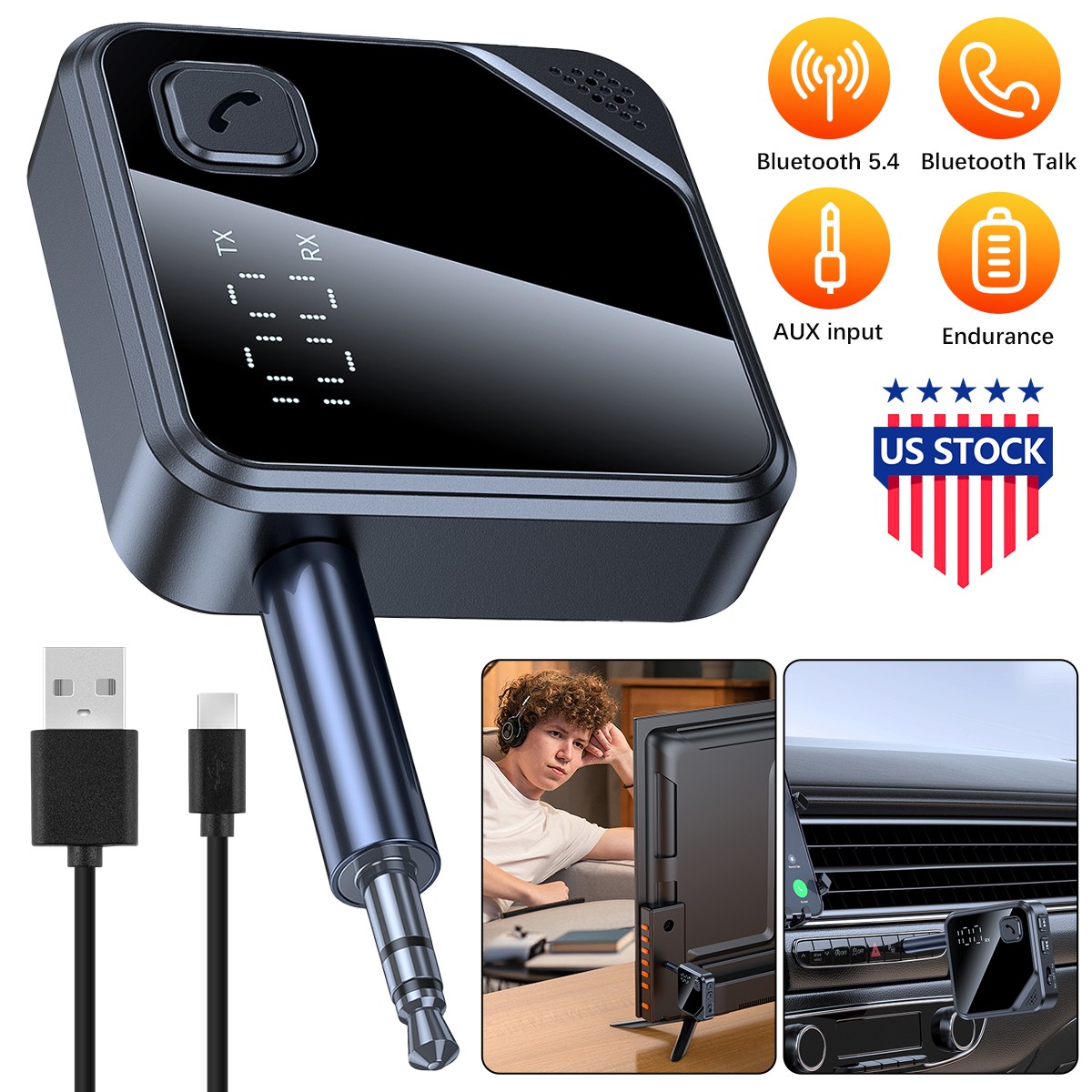 Bluetooth 5.4 TX/RX Adapter Wireless Audio Transmitter Receiver Car TV AUX