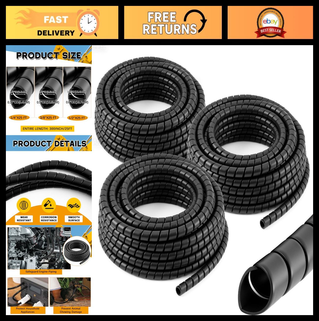 3 Pcs Spiral Cable Wrap Protector - 1/4'' 1/2'' 3/8'' OD x 25' Pre-Cut Hose Slee