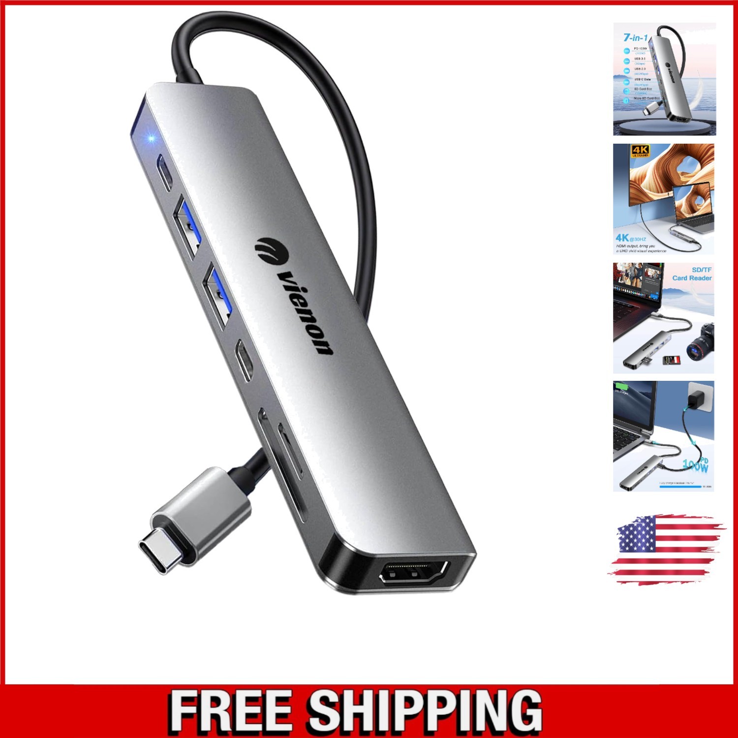 Versatile USB C Hub with 4K HDMI, SD Reader & 100W Charging - Silver Finish
