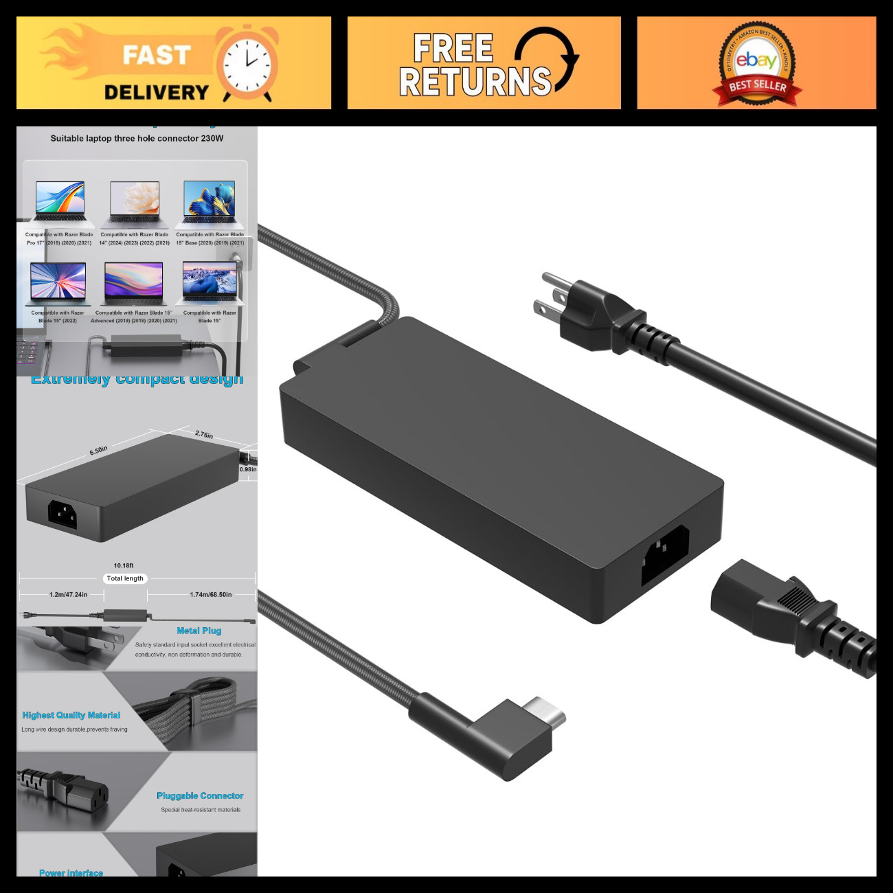 230W 200W AC Charger for Razer Blade 17 15 14 16 Pro Base GTX Series Laptop Powe