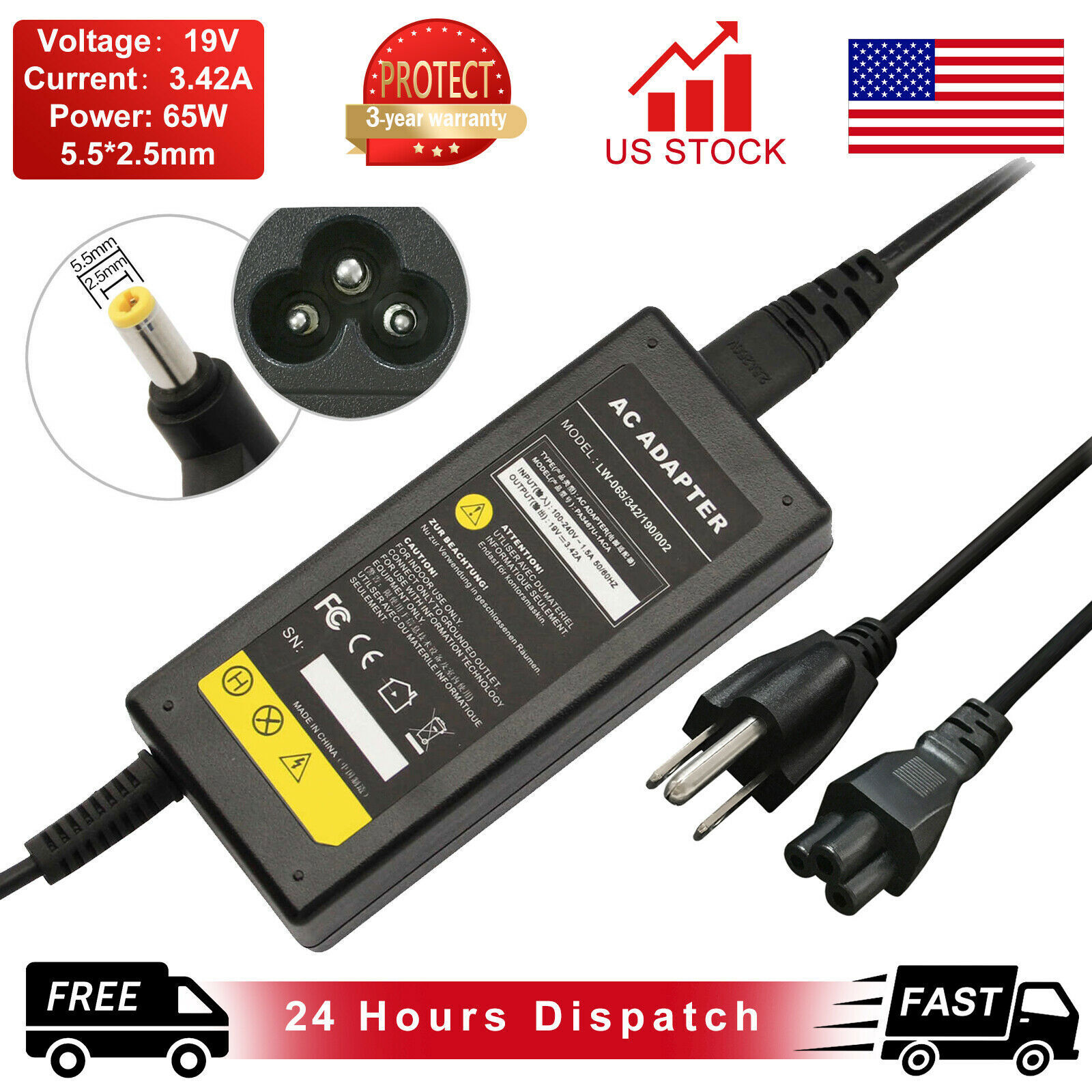 For Toshiba AC Adapter Charger 65W Laptop Power Cord 19V 3.42A C55 C655 C850 US