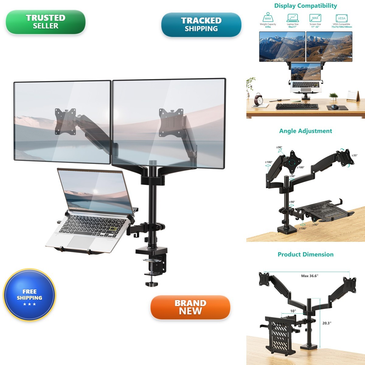 WALI GSDM003LP Dual Monitor and Laptop Stand for 17" Notebook and 32" Screens