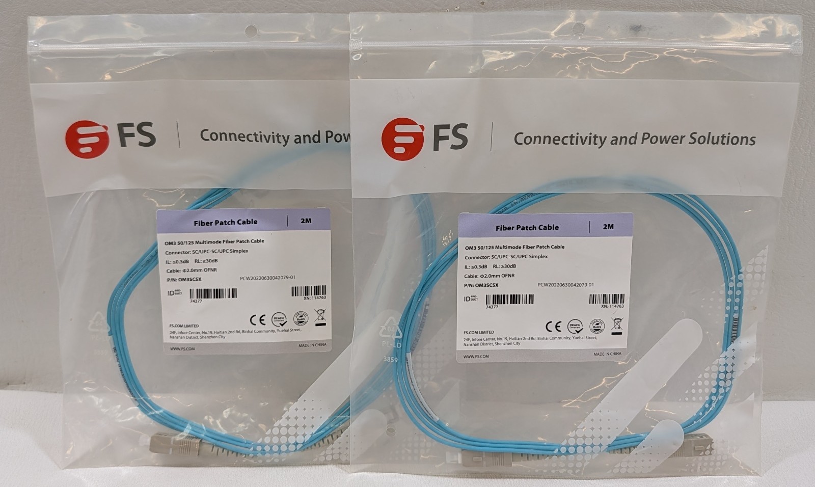 Lot of 2 FS.com 2M OM3 Multimode Simplex Fiber Optic Patch Cables SC/UPC 74377
