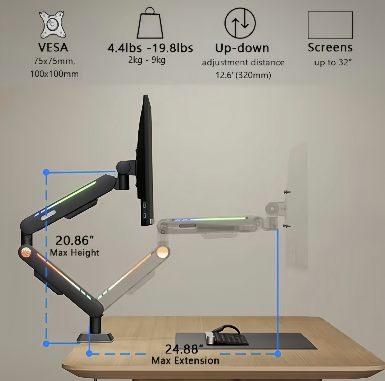 RGB Monitor Arm Desk Mount, Single Monitor Stand with LED Light, Adjustable