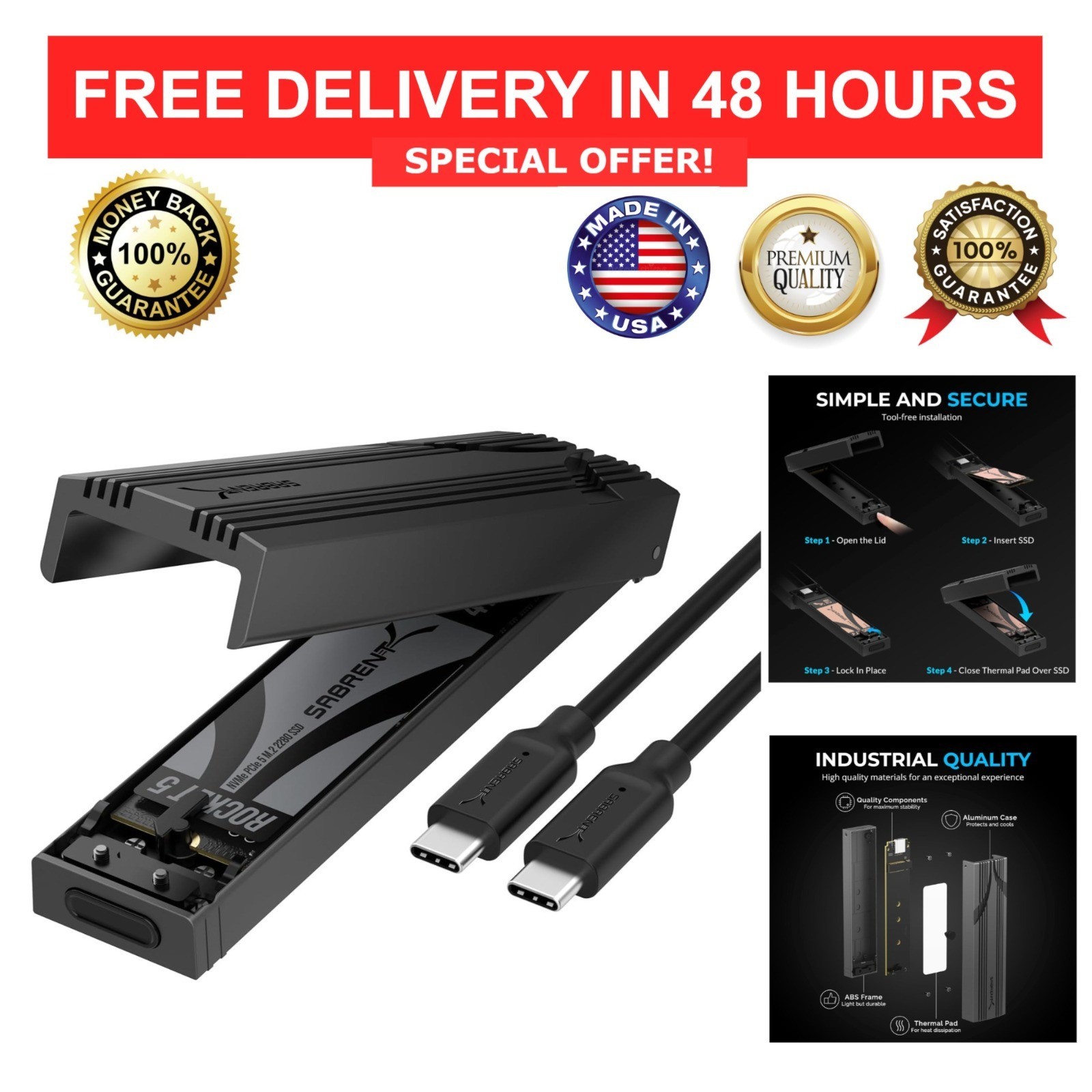 SABRENT USB-C NVMe Enclosure M.2 PCIe SSD Reader 10Gbps Tool-Free EC-PNVO