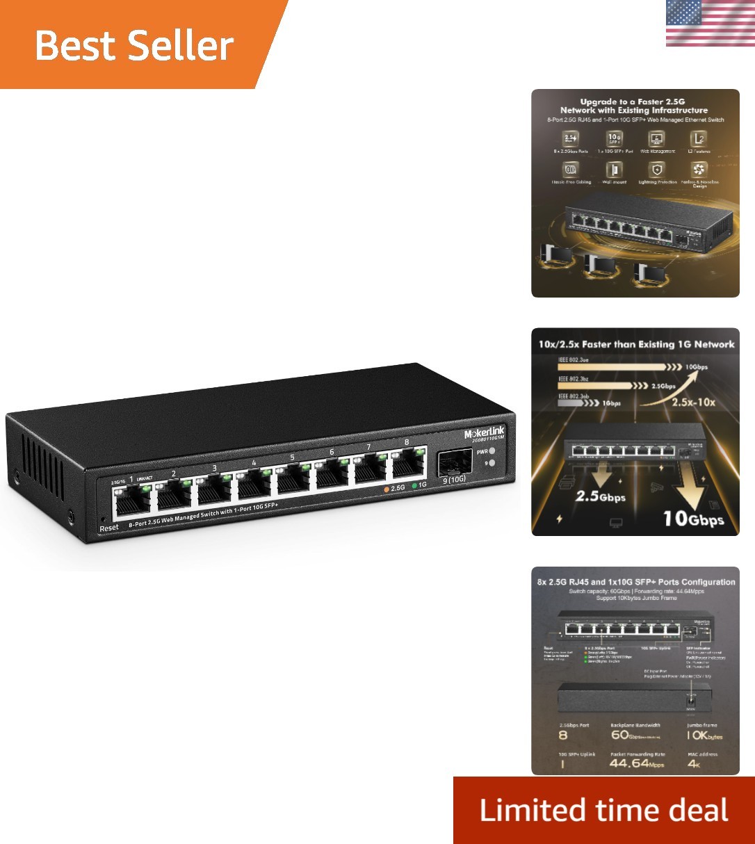 8 Port 2.5 Gigabit Managed Switch with 10G SFP+ Slot, 8 x 2.5G Base-T Ports C...