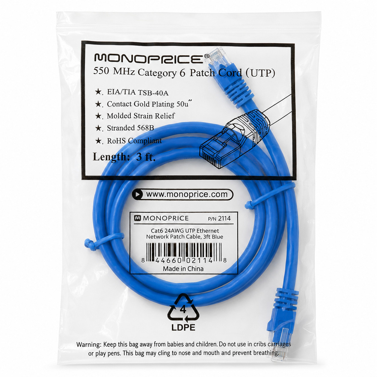 Monoprice 3FT Cat6 Ethernet Patch Cable Blue RJ45 24AWG UTP 2114 Gold