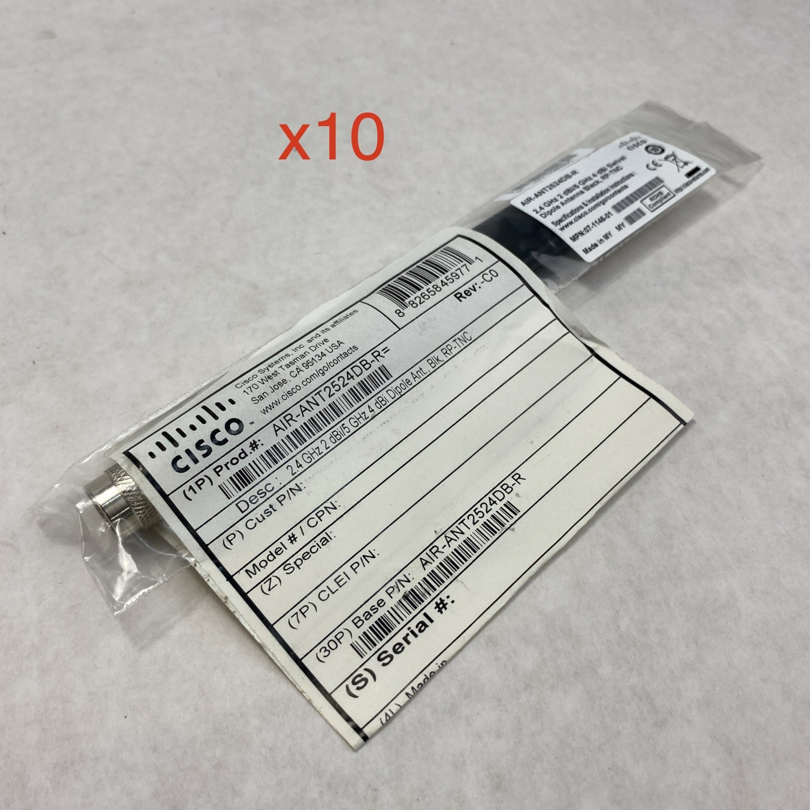 Cisco AIR-ANT2524DB-R 2.4GHz 2 dBi/5 GHz 4 dBi Swivel Dipole Antenna - Lot of 10