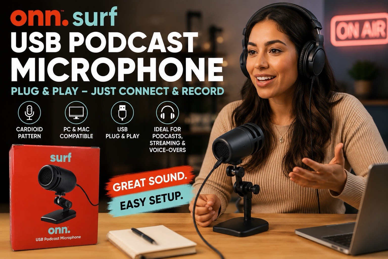 Onn Surf USB Podcast Microphone PC & Mac Cardioid Recording Adjustable Stand