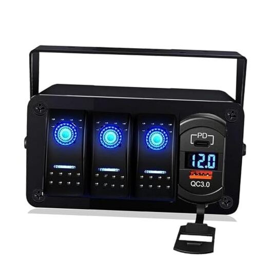 3-Gang Rocker Switch Box - 12V SPST ON/Off, PD Type C & QC 3.0 USB 3 Gang