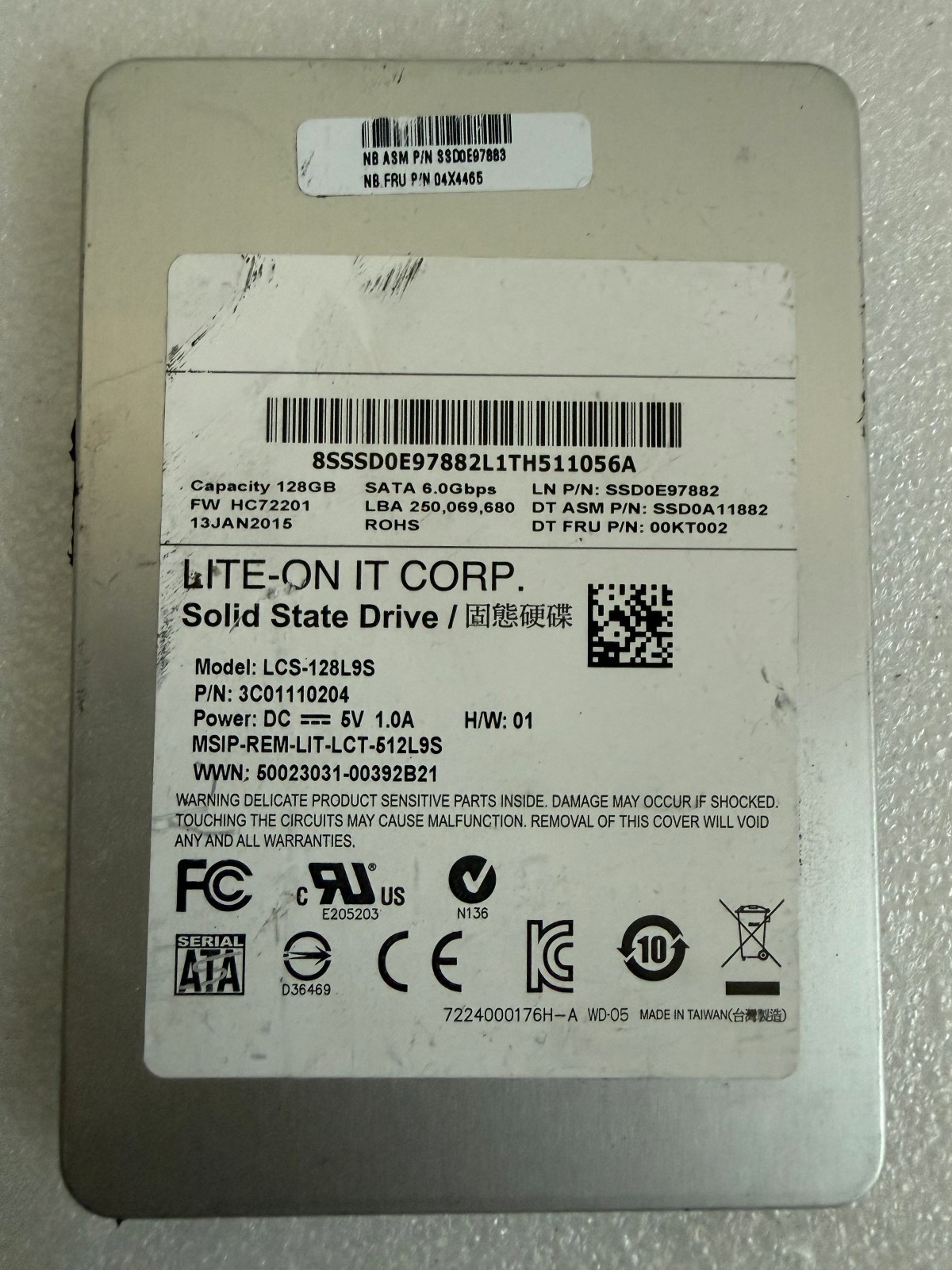 Lite-On 128GB SSD 2.5" SATA 6Gbps LCS-128L9S FRU 04X4465 00KT002