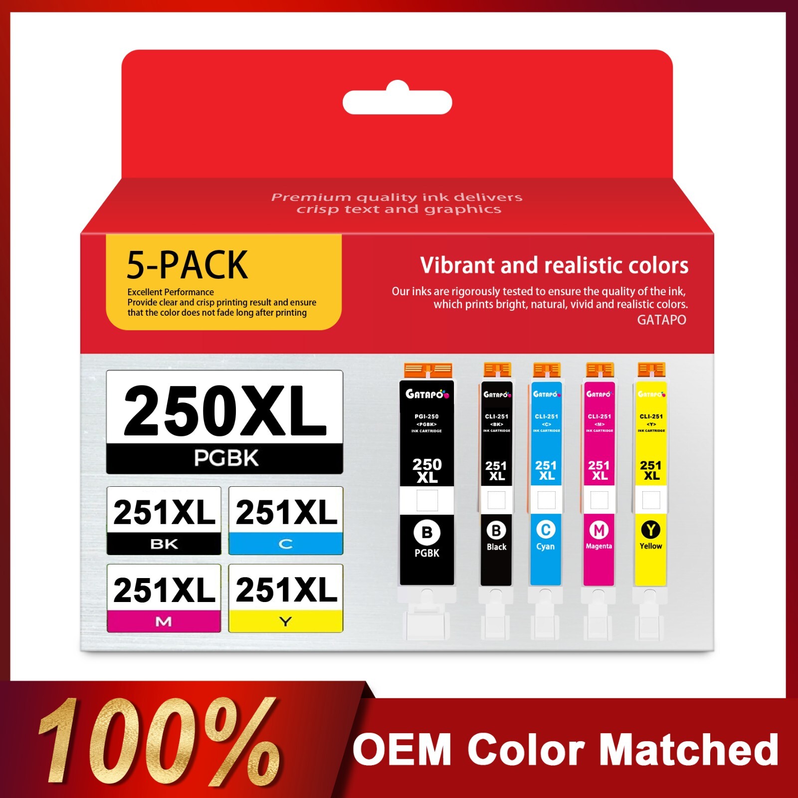 PGI-250XL CLI-251XL Ink Set (5-Pack) for Canon MG5420 MG5422 Printers