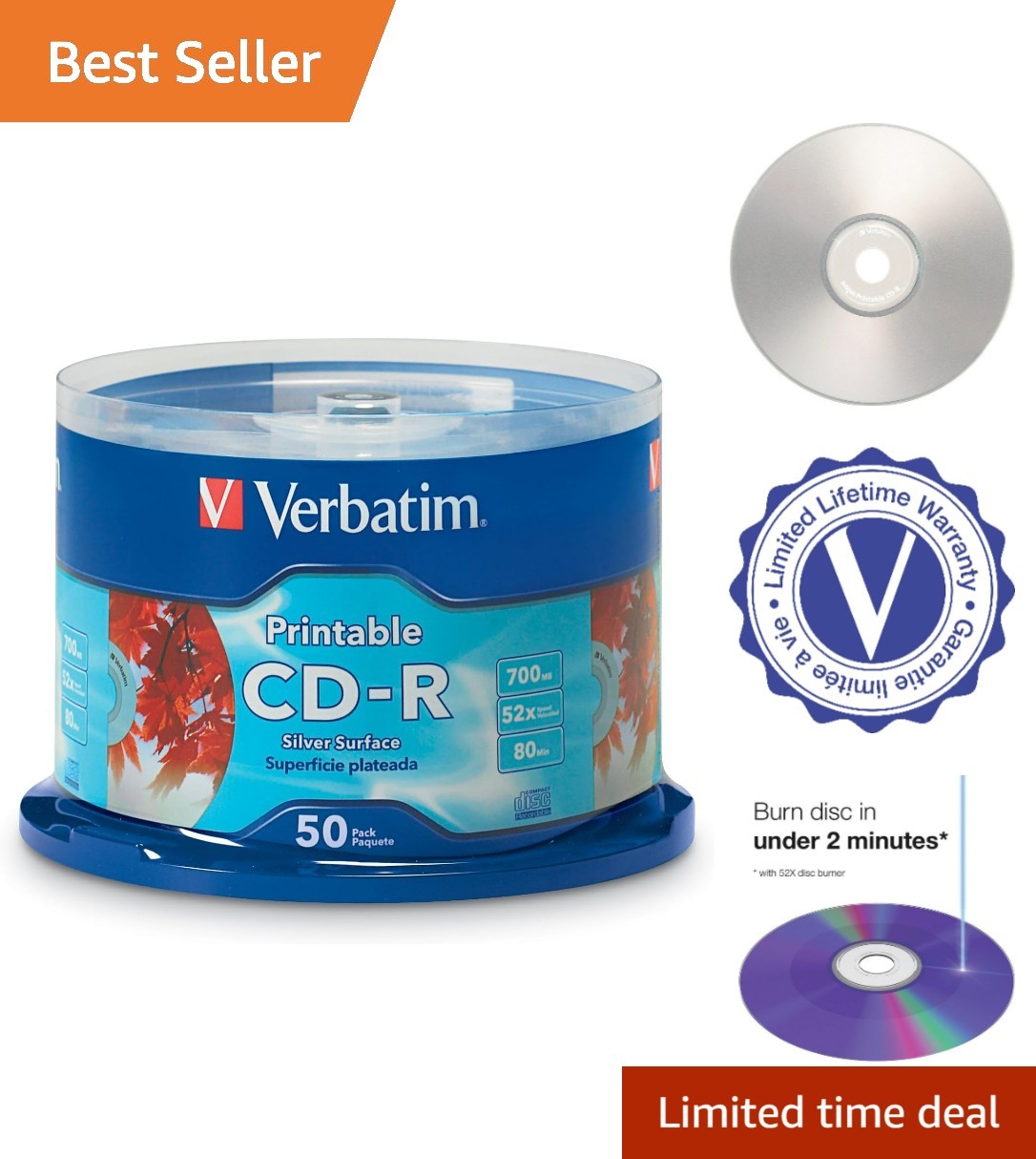 Inkjet Printable CD-R Discs 700MB 80 Minutes - 50pk Spindle for Personalization