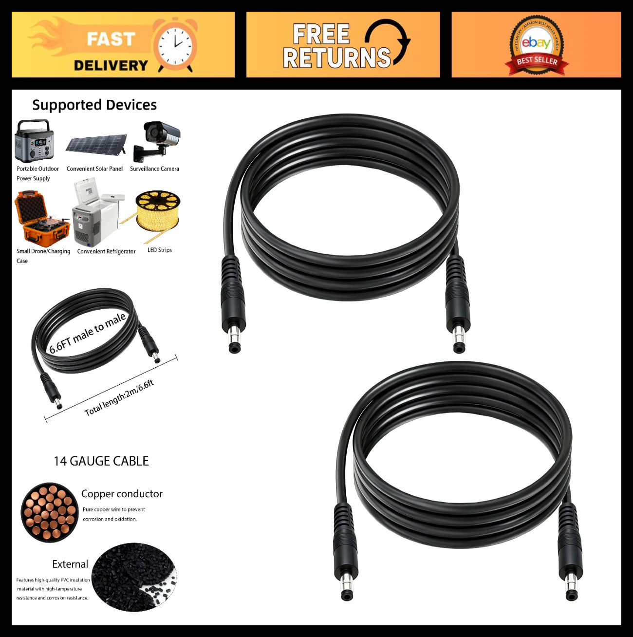 6.6ft DC Power Extension Cable 2-Pcs, 5.5mm x 2.1mm Male to Male, 14AWG for CCTV