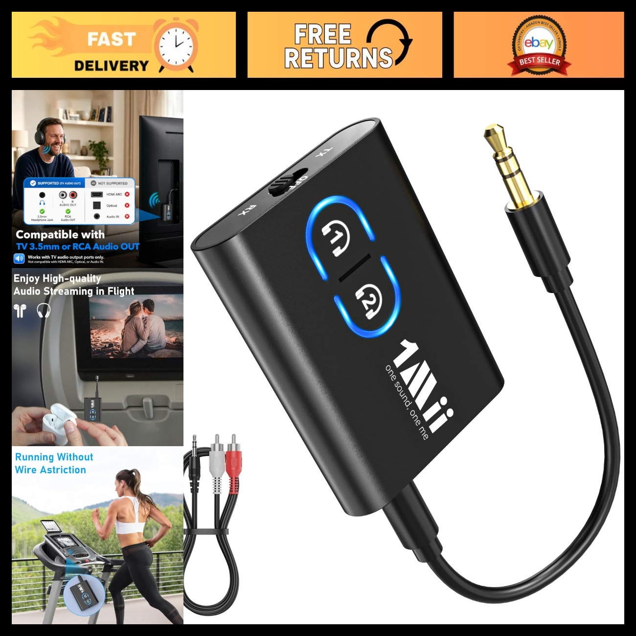 Bluetooth 5.3 Transmitter Receiver for TV & Airplane - Connect 2 Headphones