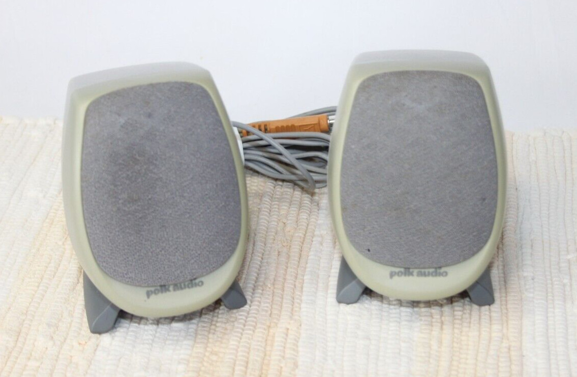 VTG POLK AUDIO MINI SPEAKER SET PC COMPUTER WIRED LEFT RIGHT GRAY DESKTOP HIPS