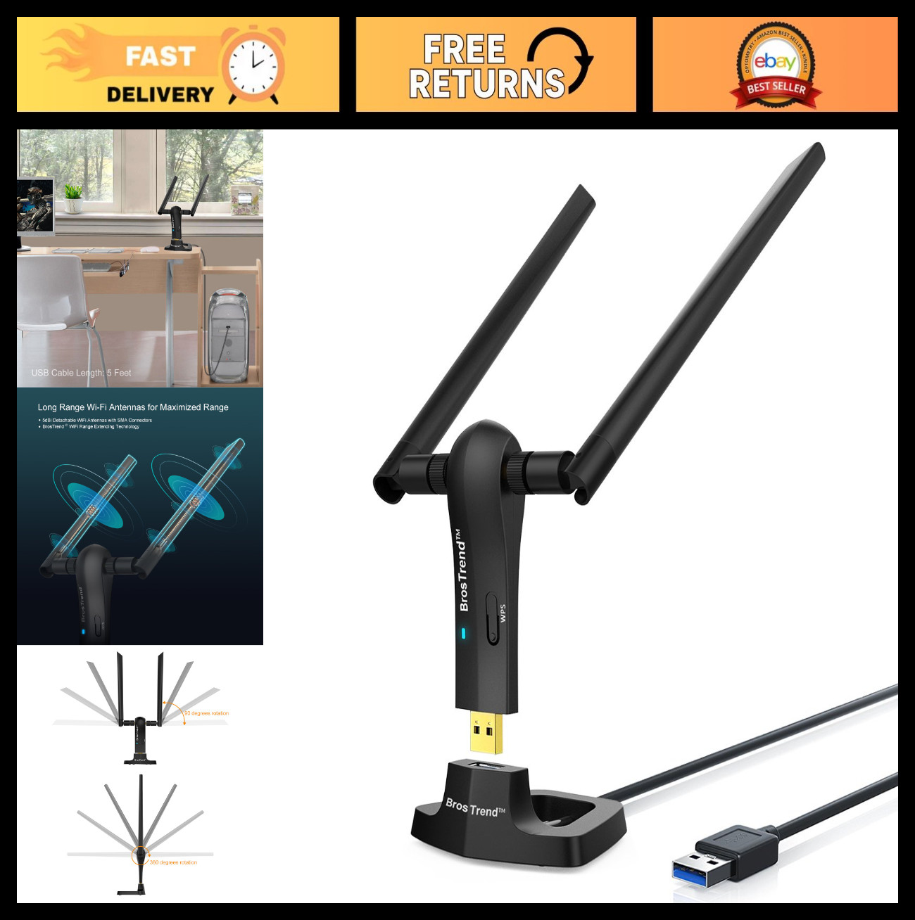 High-Speed USB WiFi Adapter 1200Mbps for PC/Laptop, Dual Band 2.4GHz & 5GHz, 2X