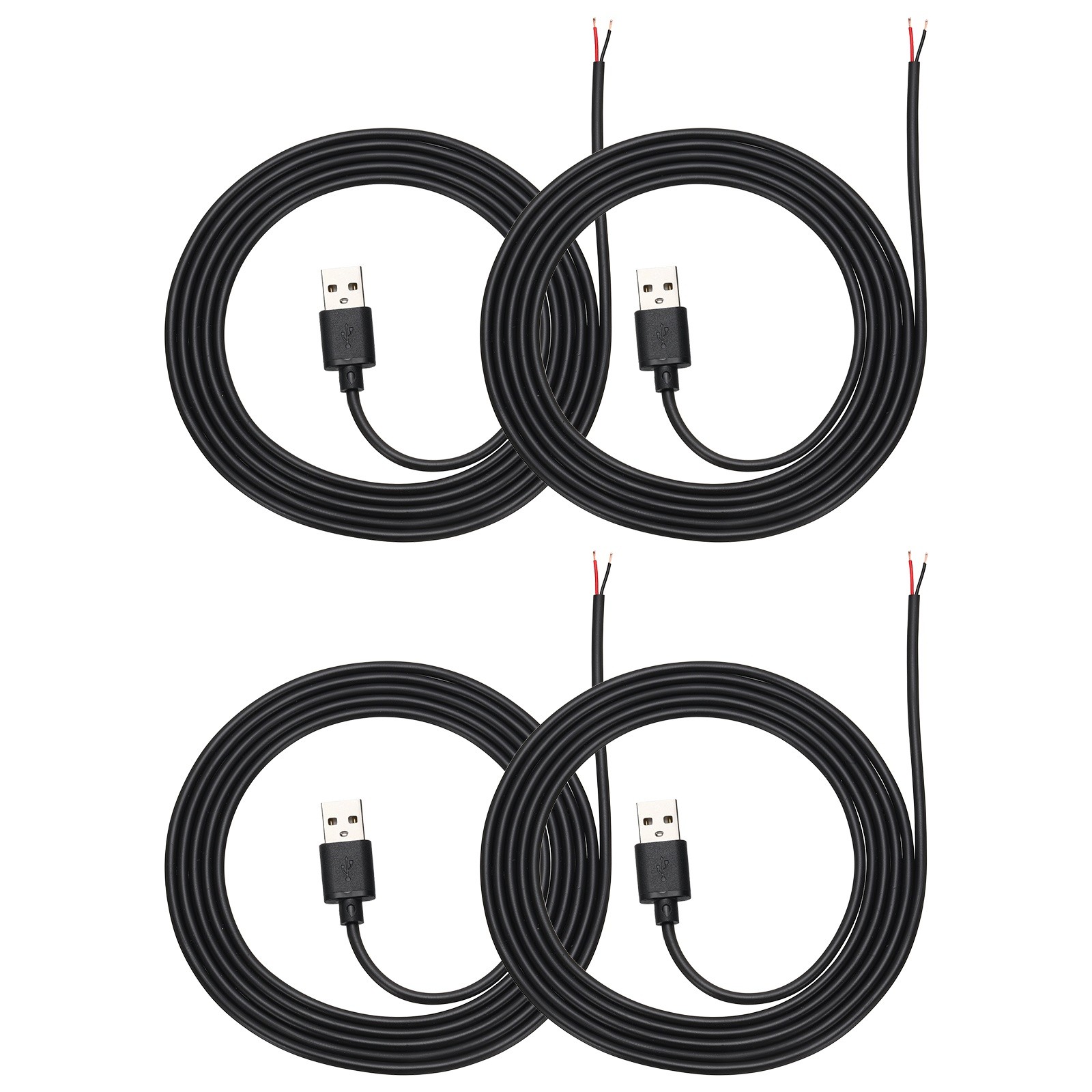 4Pcs 1.5m/4.92Ft USB Pigtail Cable, 5V 2.4A USB A to 2 Pin Bare Wires, Black