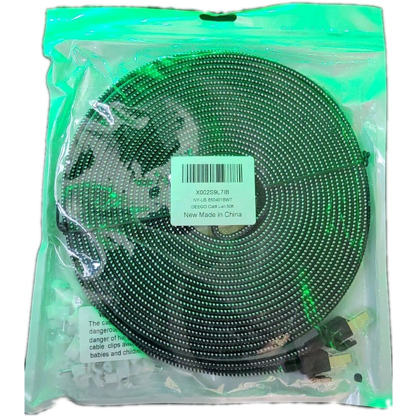 DEEGO Cat 8 Ethernet Cable 50FT Nylon Braided Flat 40Gbps 2000MHz Gold RJ45 New
