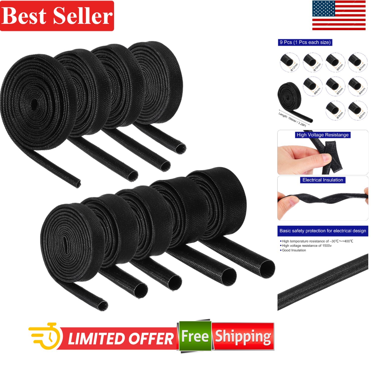 Insulation Braided Cable Sleeve 3.3Ft Silicone Fiberglass High Temp 9 Rolls Set