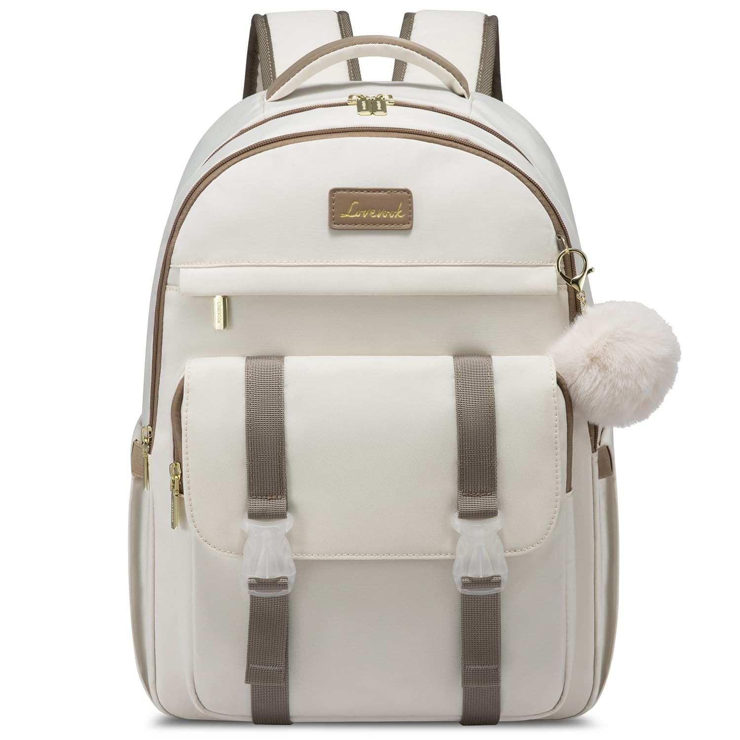 LOVEVOOK School Backpack for Teen Girls, Student 15.6-Inch, Beige-khaki