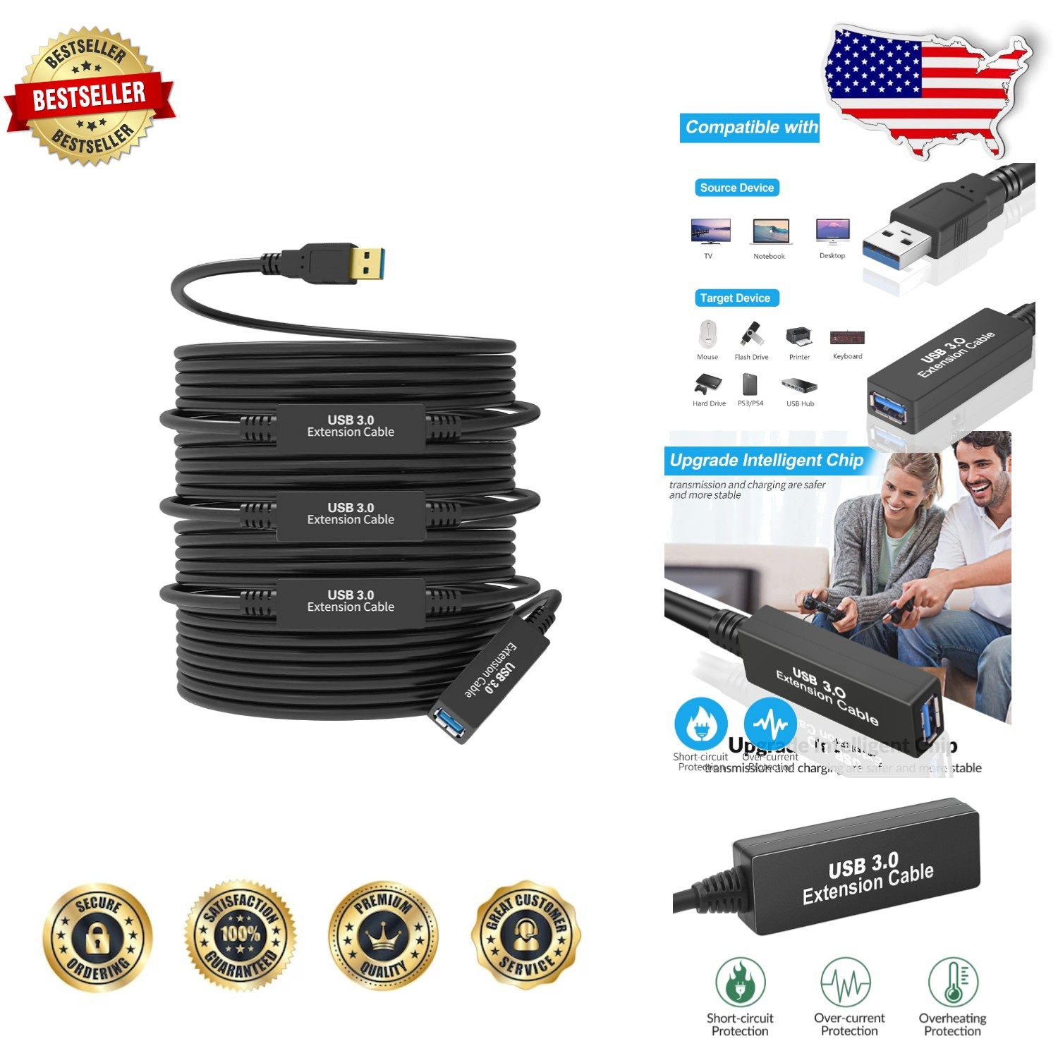 100ft USB 3.0 Extender, Active Signal Booster, Gold-Plated, Stable Data Transfer