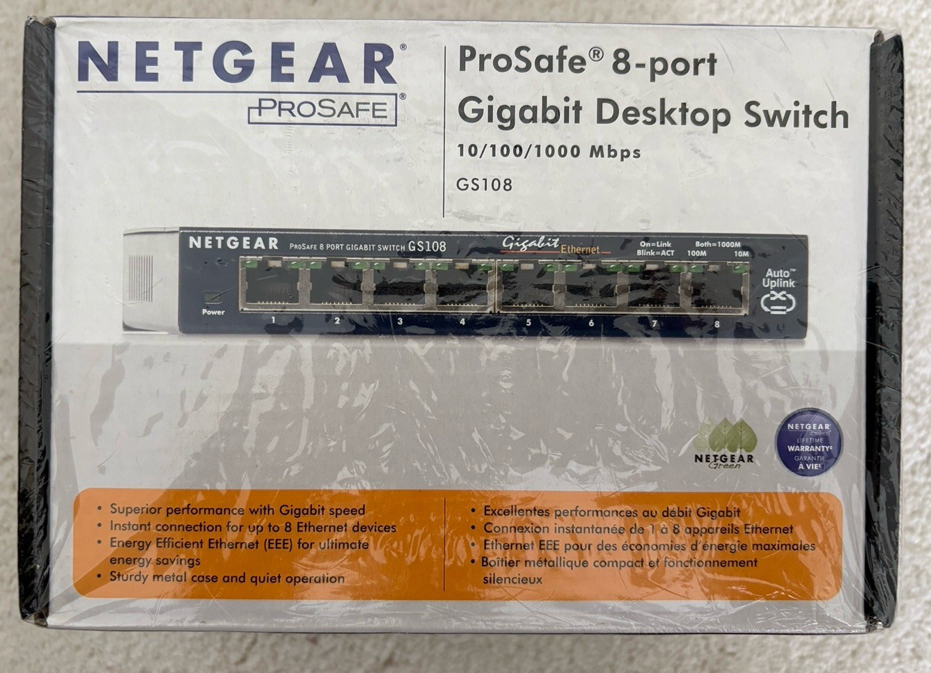 NETGEAR PROSAFE 8-PORT GIGABIT DESKTOP SWITCH, GS108 - NEW SEALED BOX