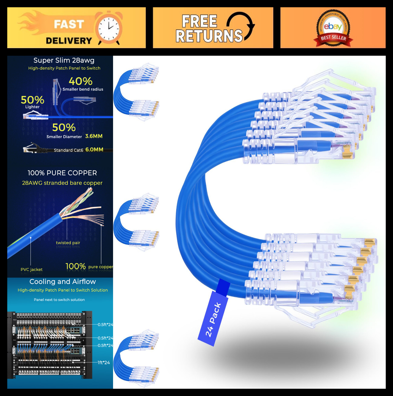 24 Pack 5ft Cat6/Cat6a Ethernet Patch Cables - Snagless, 10G Support, Slim Desig