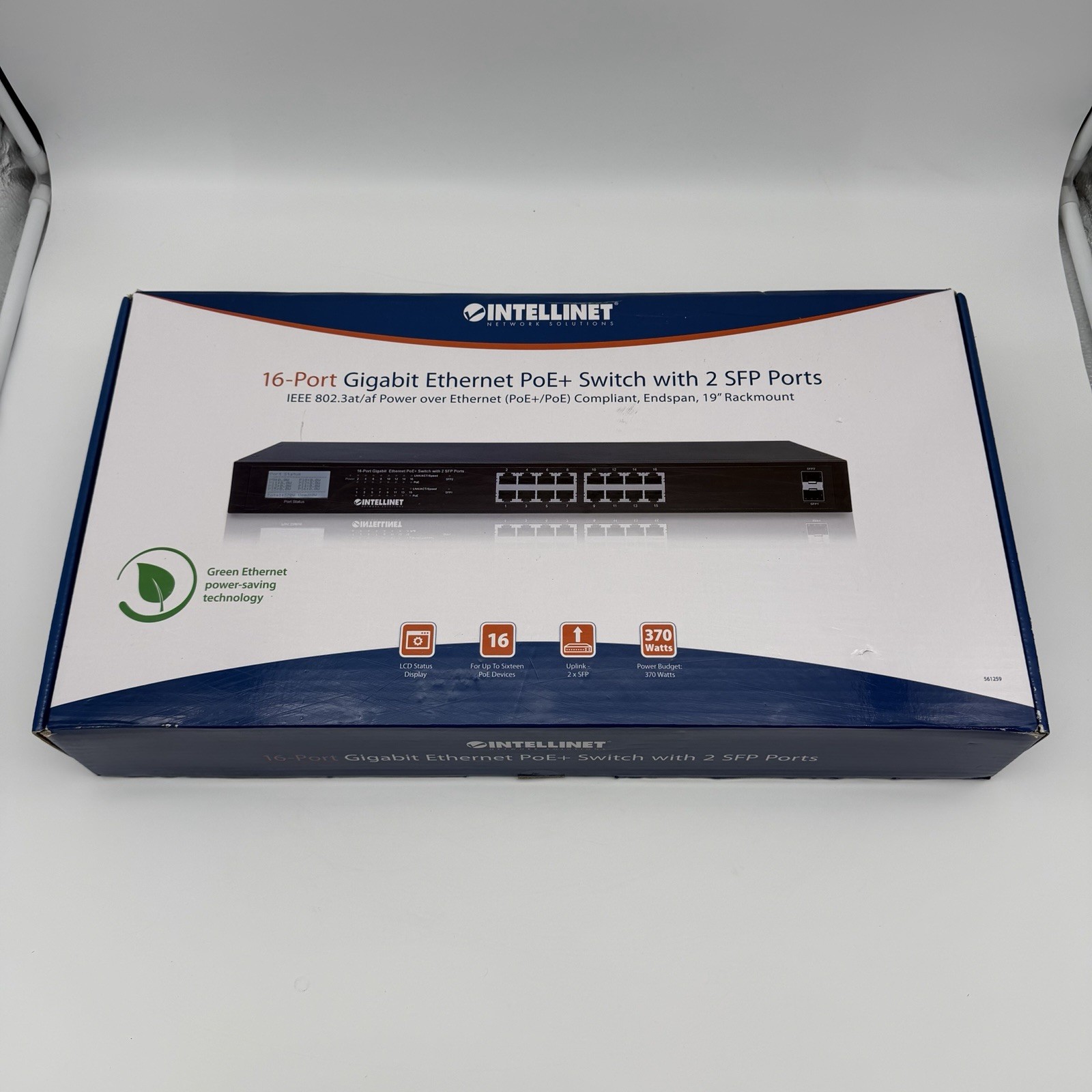 Intellinet 16-Port Gigabit Ethernet PoE+ Switch w/ 2 SFP Ports, LCD Display