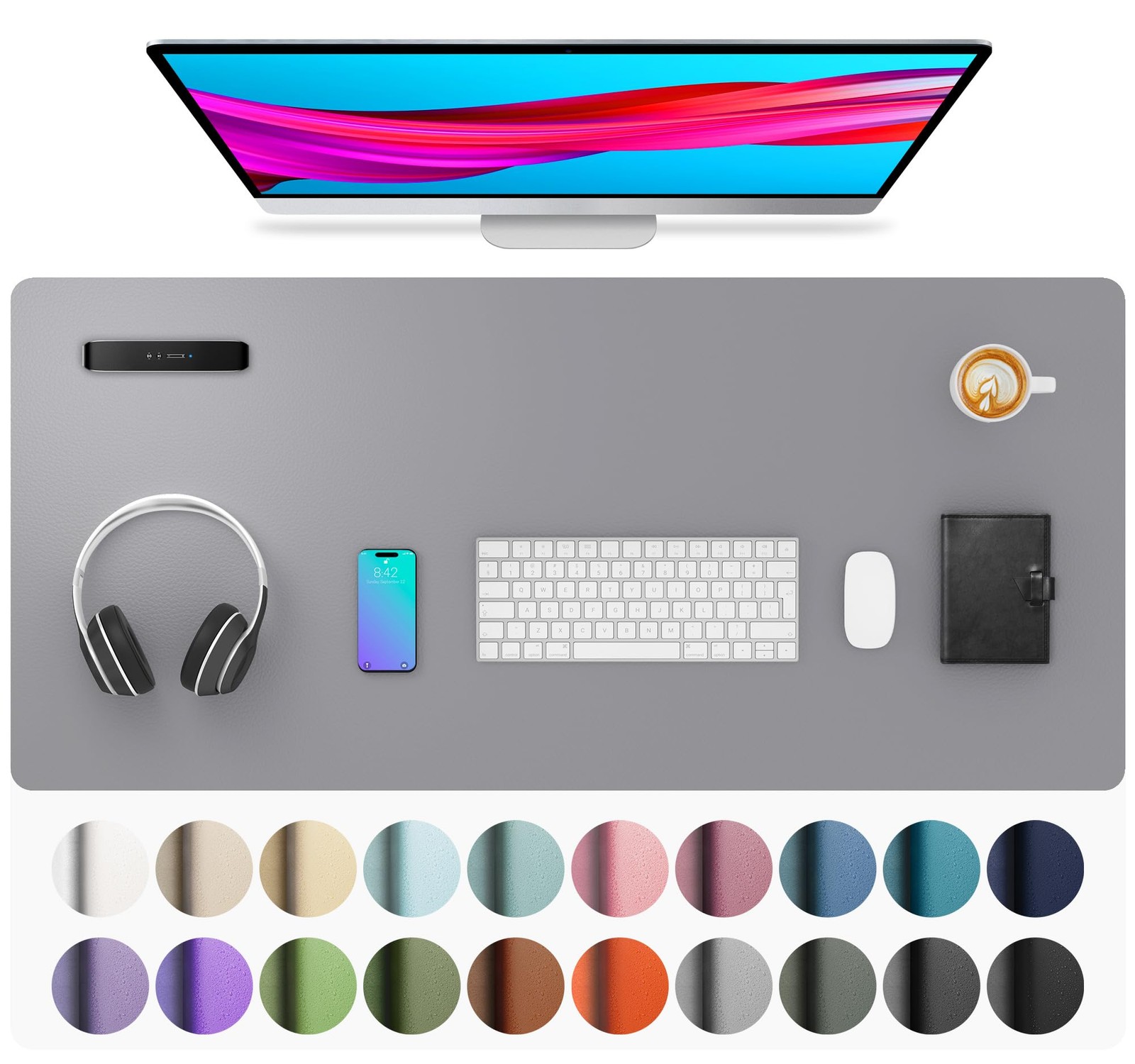 Light Grey Leather Desk Pad Protector Mouse Mat 36x17 Inch Waterproof