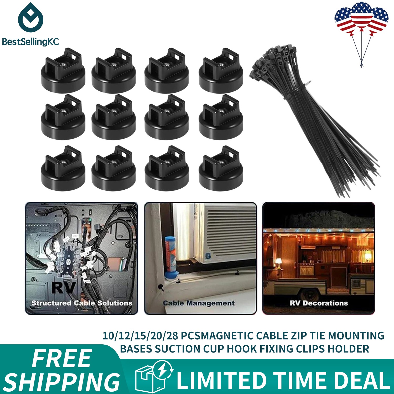 Black Magnetic Cable Zip Tie Mount Base Wire Clips Management Bases Holder