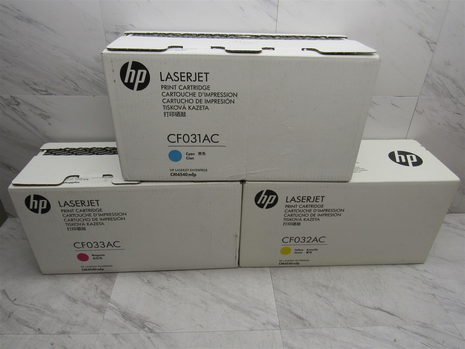 3 LOT NEW Genuine HP CF031AC CF032AC CF033AC Toner Cartridges CM4540 mfp CMY